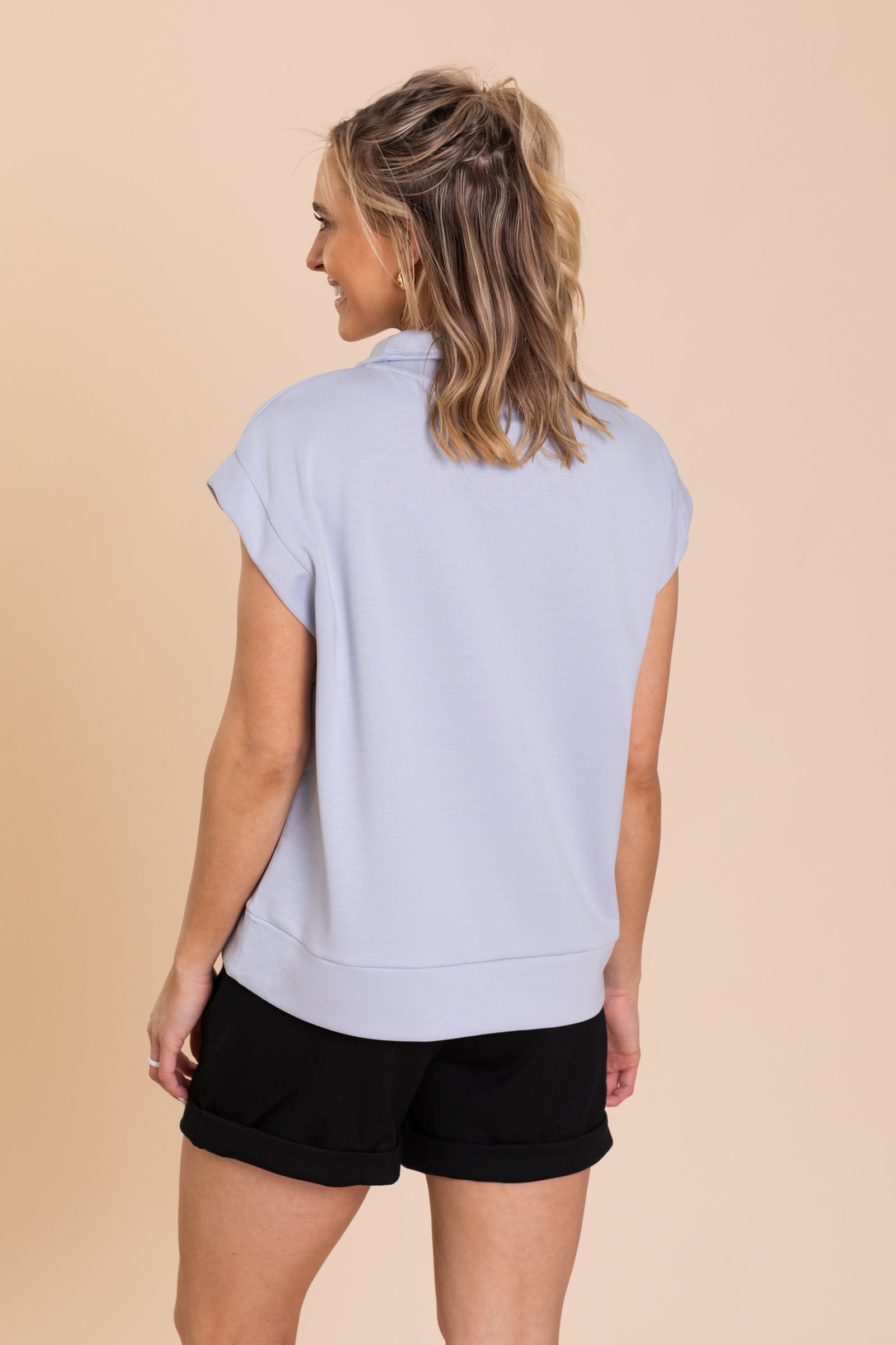 Pastel Blue Quarter Zip Scuba Knit Top