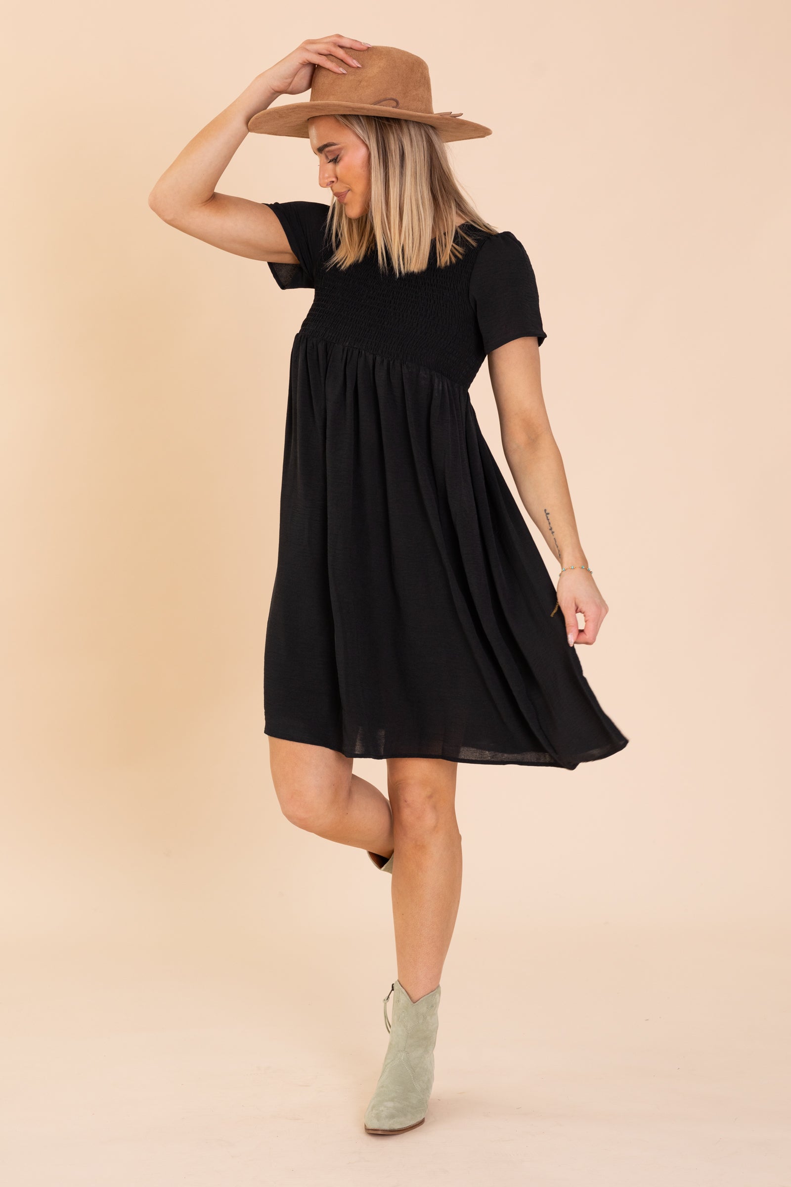 Flowy Skirt Smocked Bodice Midi Woven Dress