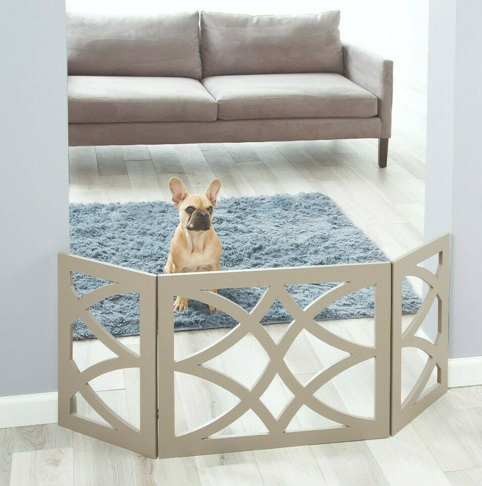 Gray Wood Pet Dog Gate Foldable Adjustable 3-Section Freestanding Extra Wide. Keeps Pets Safe Indoors/Outdoors - Fully Assembled