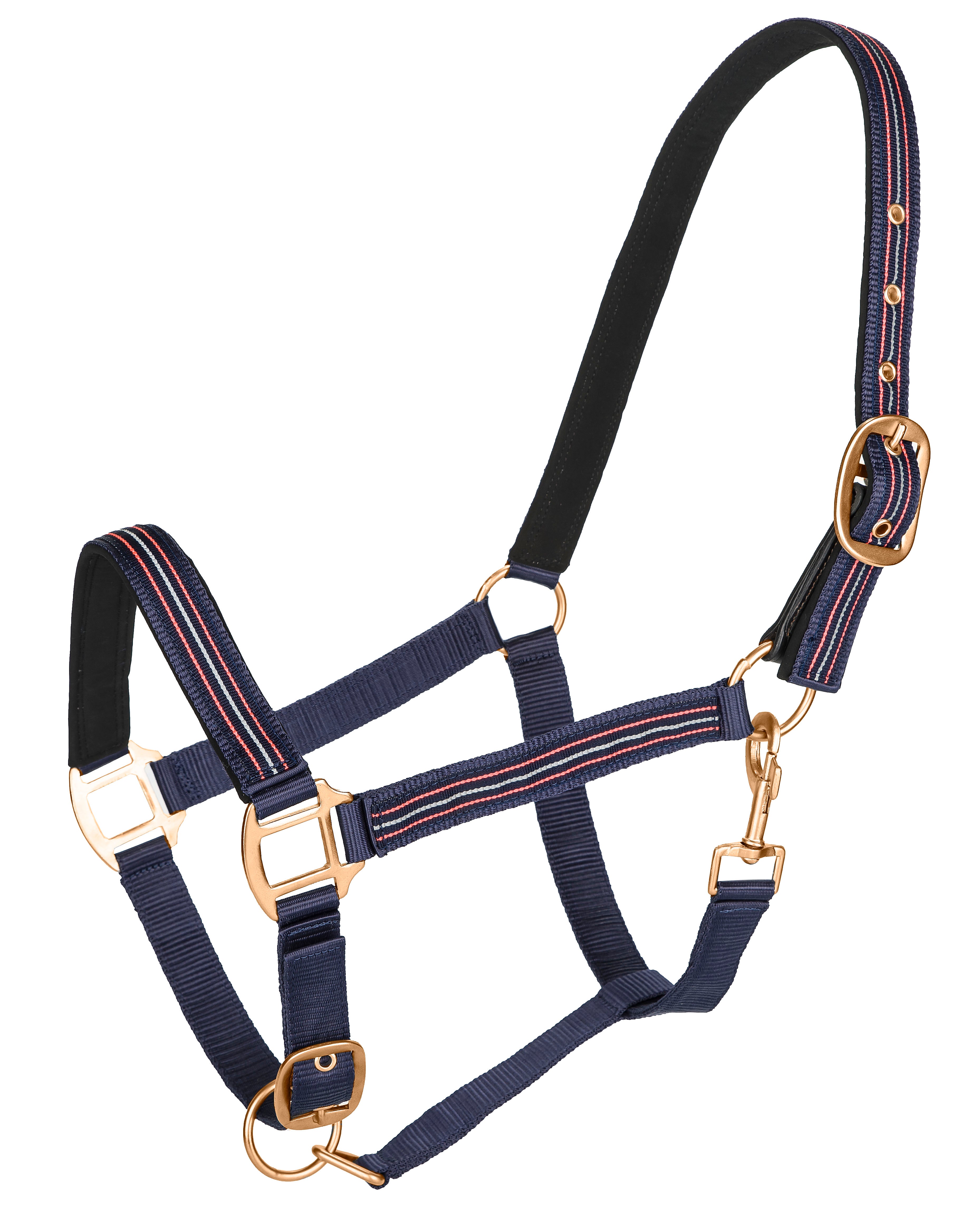 TuffRider Adjustable Nylon Breakaway Halter w/ Padded Crown and Rose Gold Hardware- Hot Pink/Navy/Gray- H