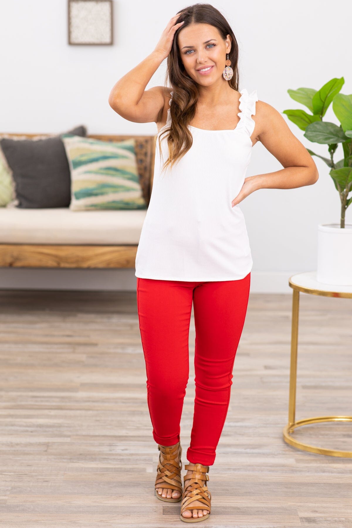 White Elastic Ruffle Strap Tank
