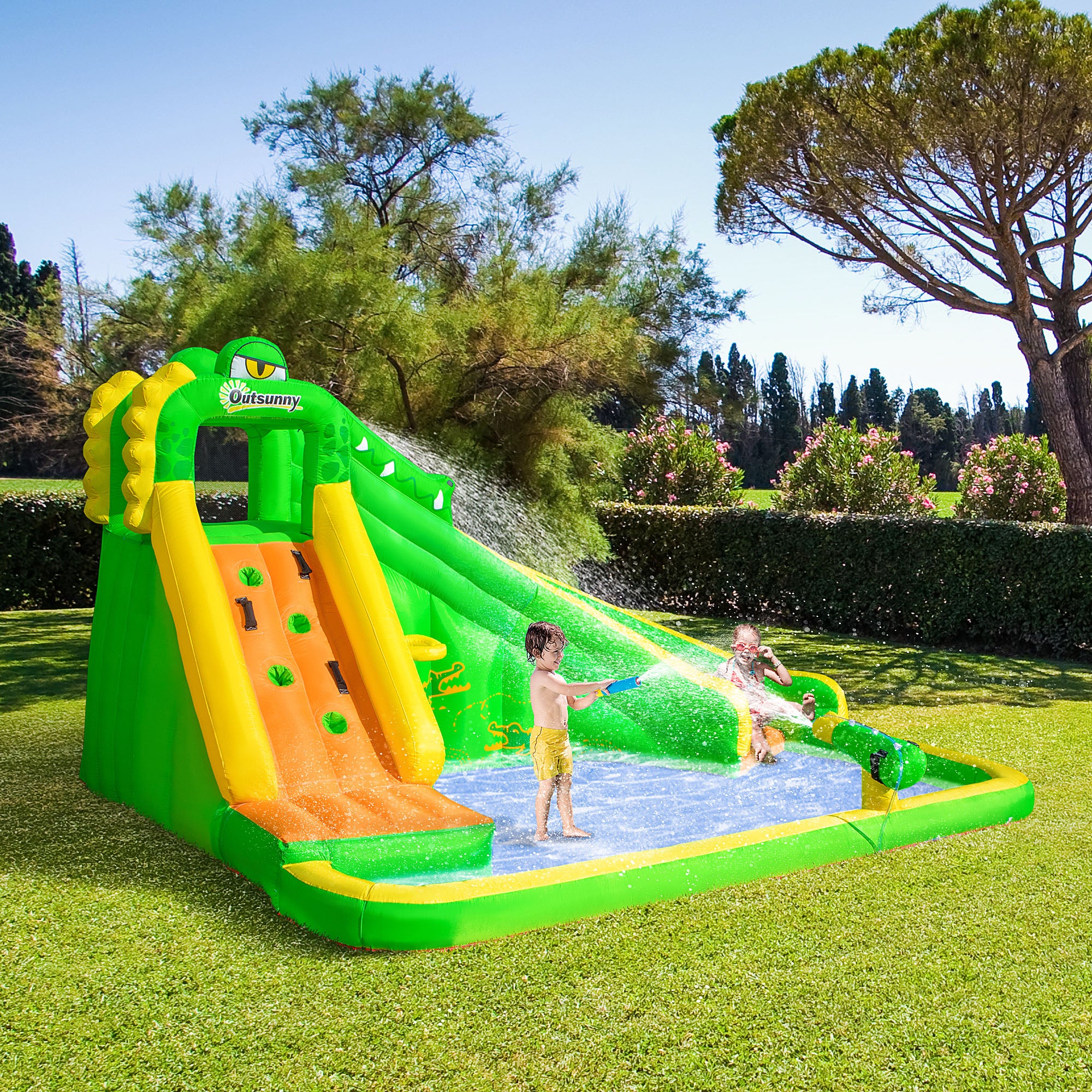Outsunny 6 in 1 Inflatable Water Slide for Kids Backyard Water Park Castle Bounce House Extra Large Crocodile Style with Basket， Cannon， Pool， Climbing Wall， Slide and Carrybag Without Air Blower
