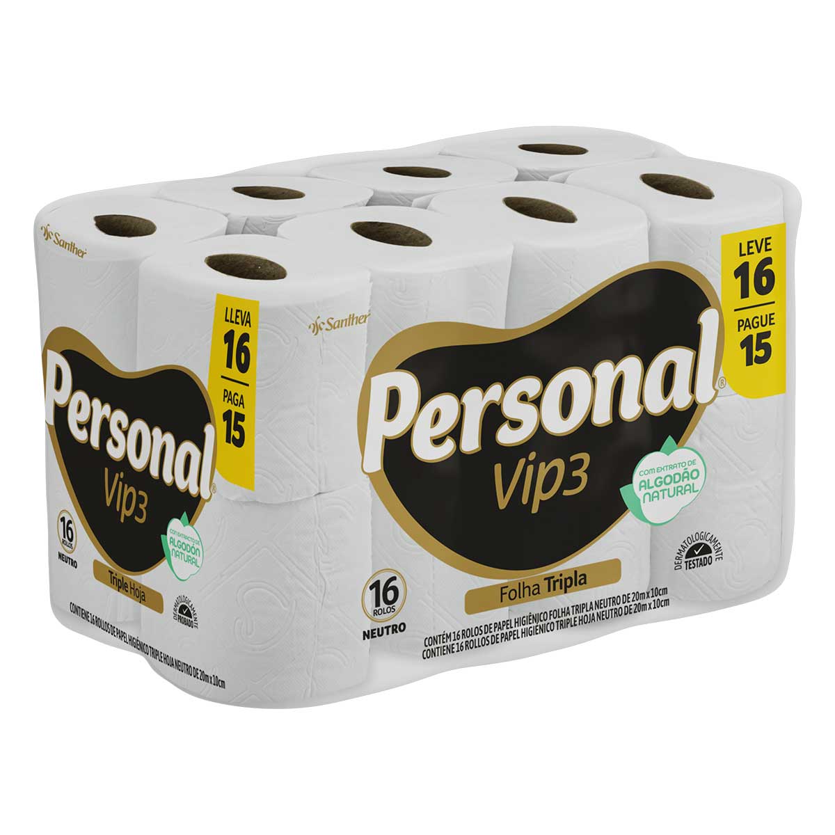 Papel Higienico Folha Tripla Neutro Personal Vip3 20 Metros Leve 16 Pague 15 Unidades