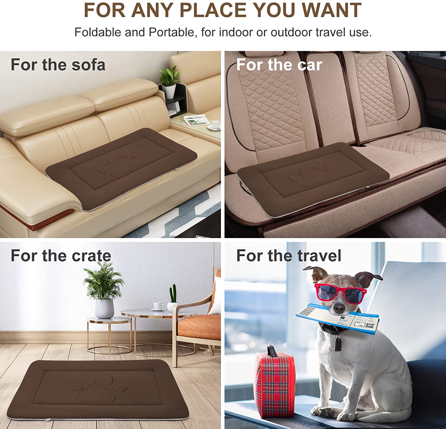 PROCIPE Dog Bed Crate Pad Mat Cute Paw Pet Beds Washable Mattress 42inch Brown