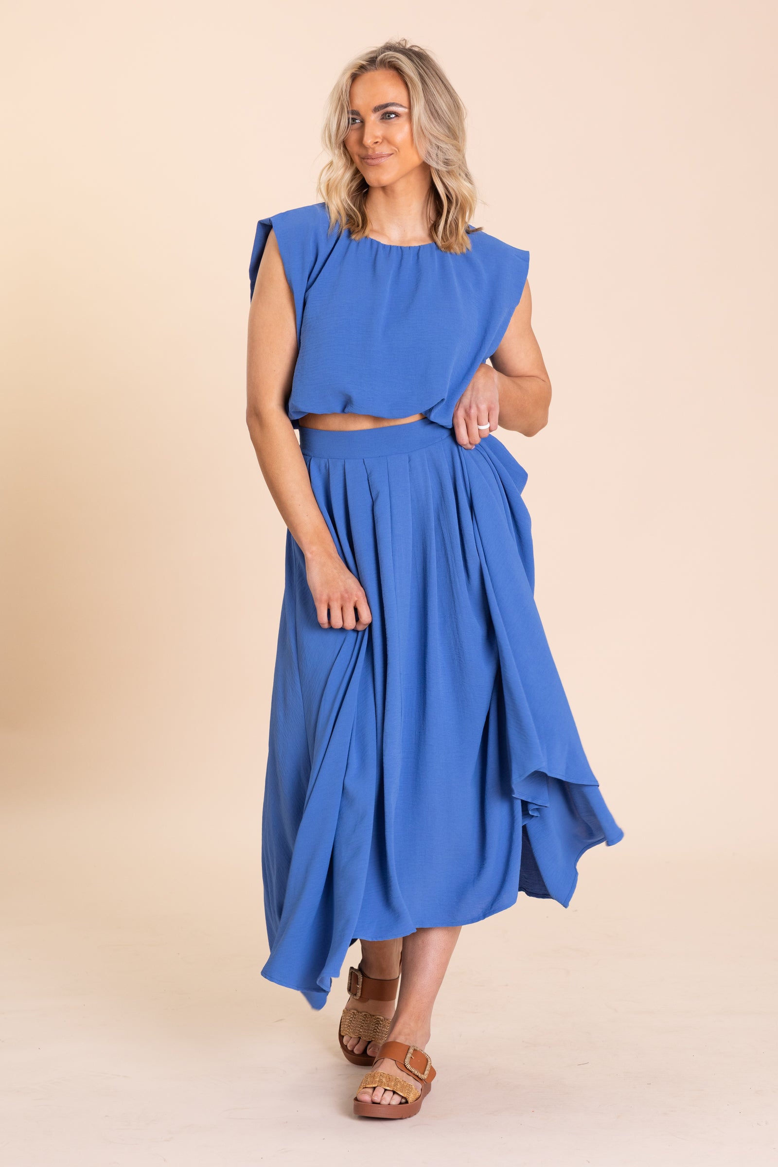 Pastel Blue Box pleated Midi Skirt