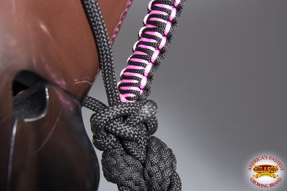 83BH Hilason Horse Poly Rope Tied Adjustable Halter 8 Ft Lead Rope Black Pink