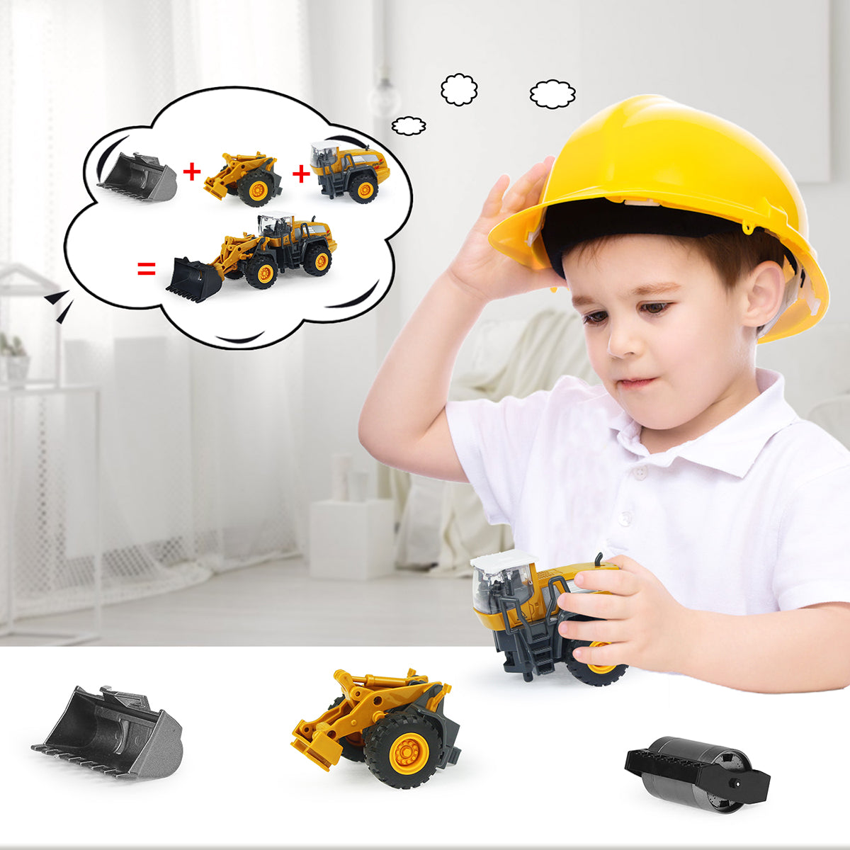1:55 Construction Vehicle Toy Set Snow Plow Road Roller Forklift Bulldozer Toy for Kids， 4 Alloy Interchangeable Parts