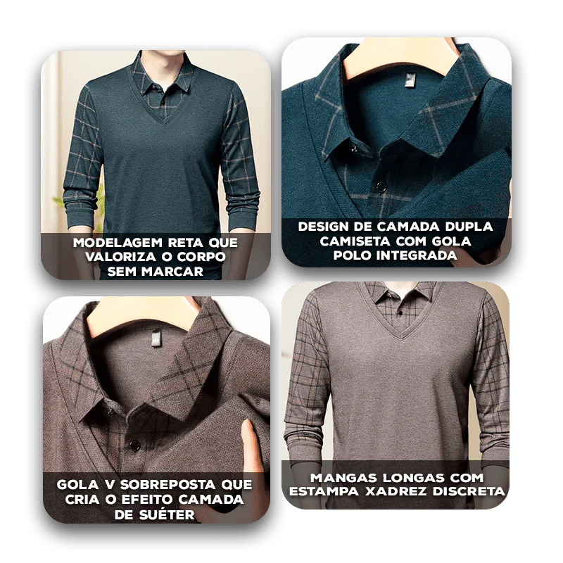 Camisa Harper™ com Design de Camada Dupla e Manga Xadrez / Modernidade e Estilo em Sintonia Perfeita