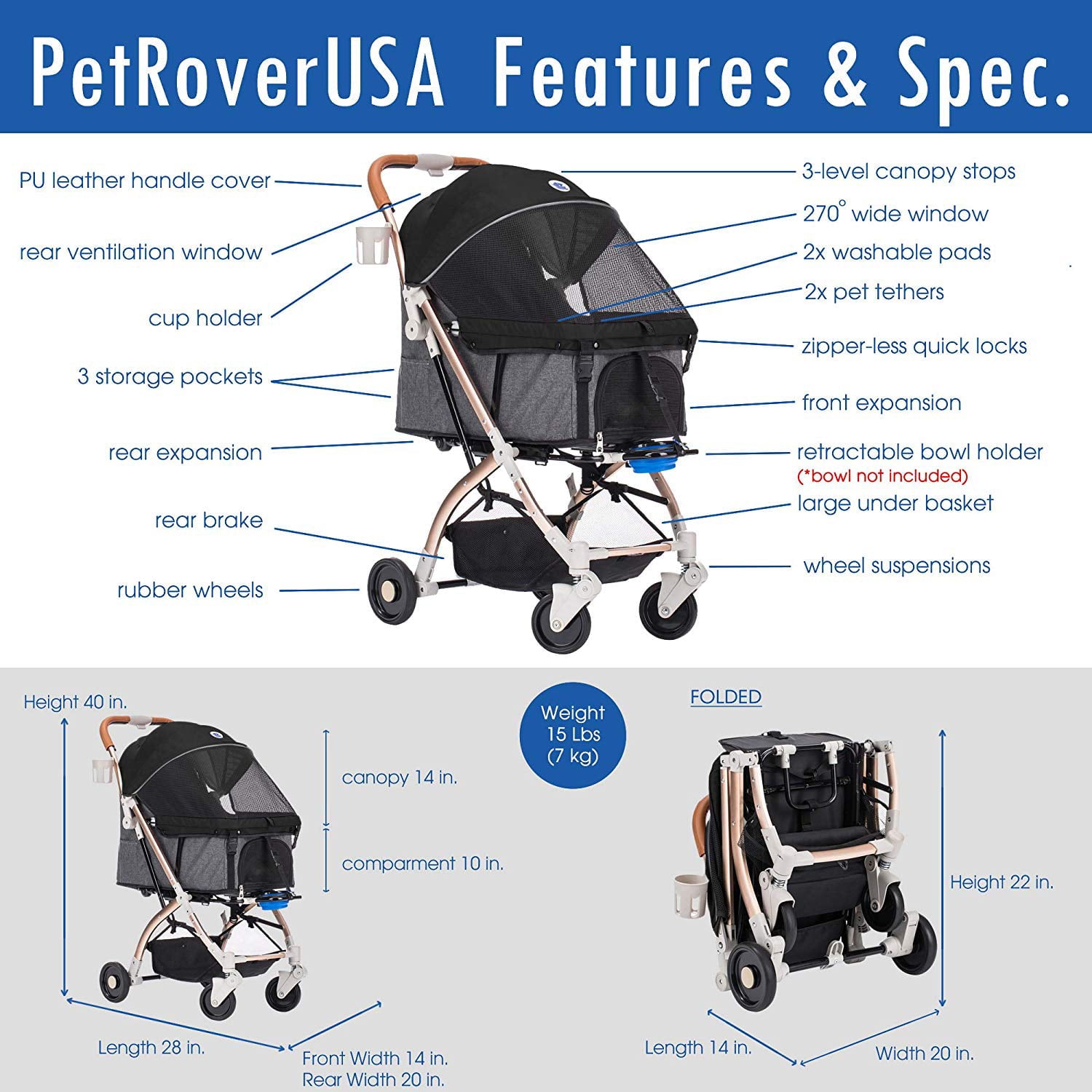 HPZ Rover Lite Travel Dog， Cat and Pet Stroller， Black