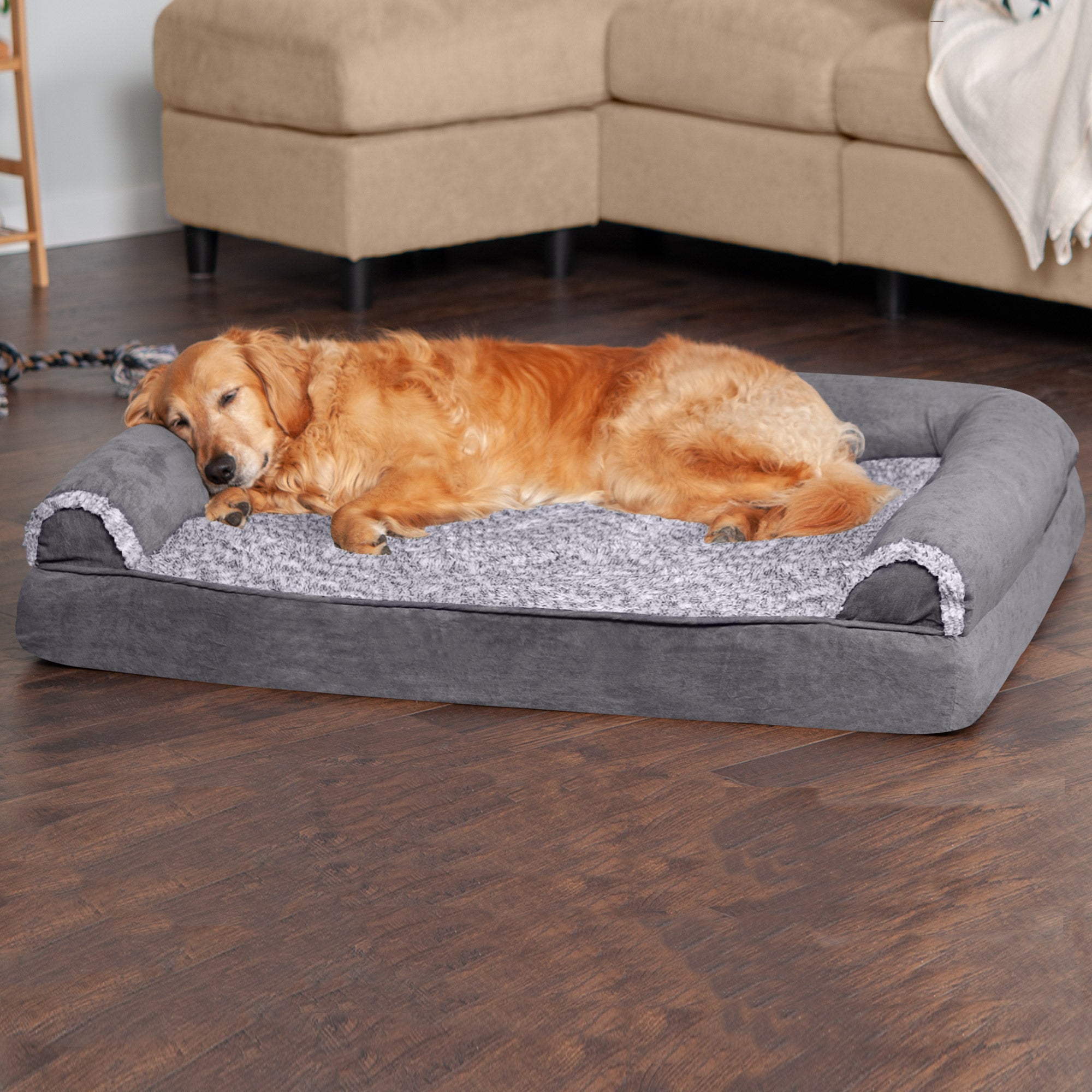 FurHaven Pet Products | Cooling Gel Memory Foam Orthopedic Two-Tone Faux Fur and Suede Sofa-Style Couch Pet Bed for Dogs and Cats， Stone Gray， Jumbo