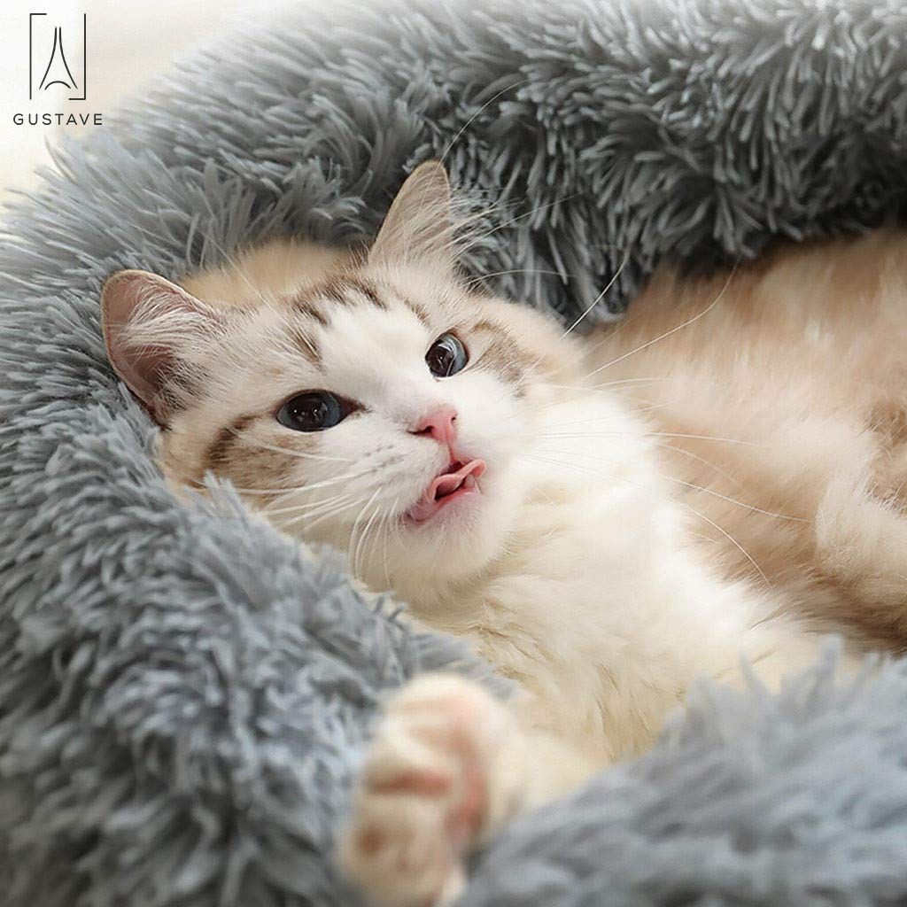 Gustave Calming Dog Beds， Self-Warming Round Pet Bed Cushion， Luxurious Faux Fur Donut Cuddler Soft Plush Comfortable for Sleeping 