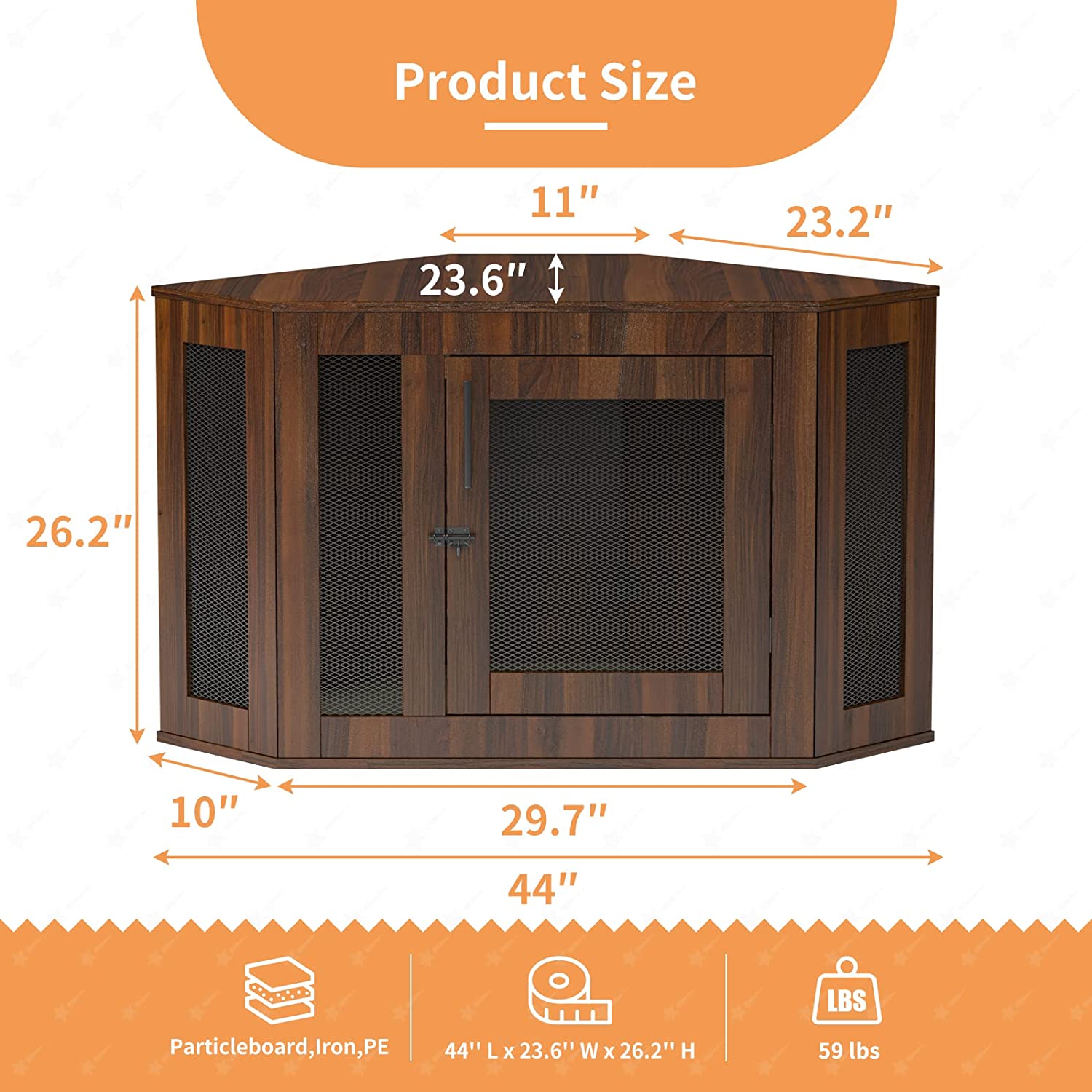 Dog Crates for Medium Dogs， Dog Crates Cage Kennel Furniture Indoor with Cushion and Lockable Doors， Wooden Corner Dog Crate for Small/Medium Dogs， Perfect for Limited Room (Walnut， Medium)