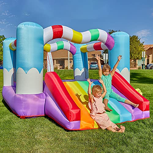 TURFEE Rainbow Inflatable Jumper Bounce House with Blower，Bounce House with Slide， Repair Patches， and Stakes， for Kids Indoor Outdoor.Easy Set Up，Backyard and Party Fun，138x 106 x 73