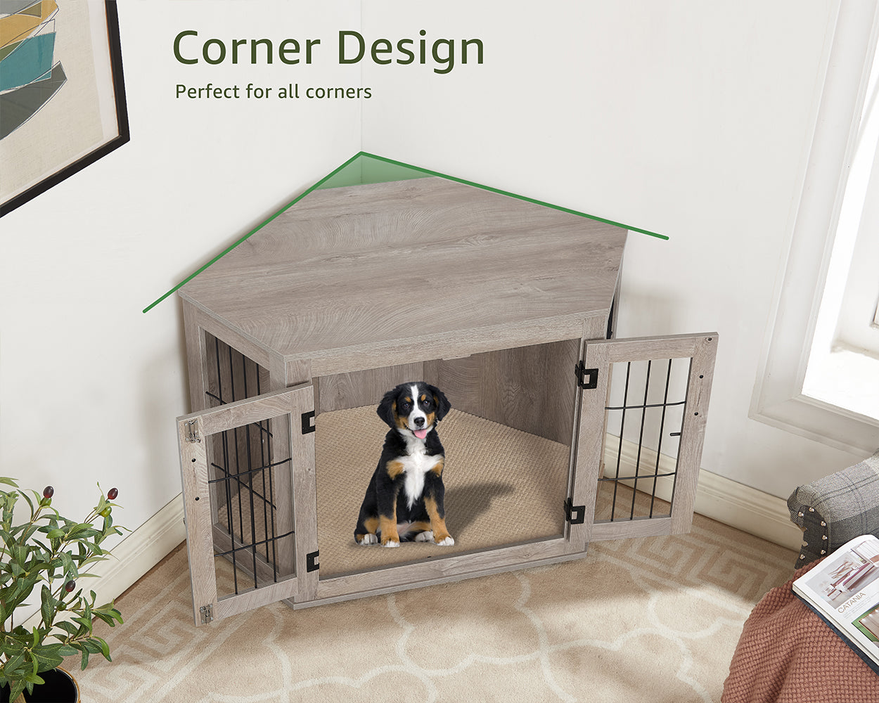 Unipaws Corner Dog Crate Furniture， Wooden Dog Kennel for Dogs Puppy， Pet Crate for Limited Room， Medium， Weathered Gray