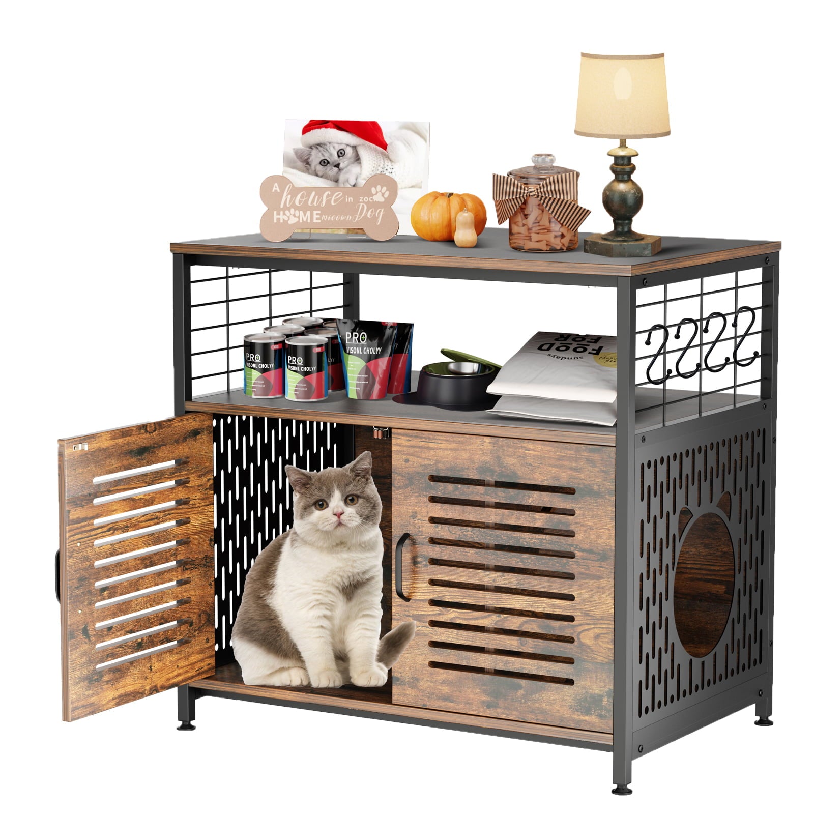 NAIZEA Cat Litter Box Furniture Hidden Pet Crate with Iron and Wood Sturdy Structure-Brown