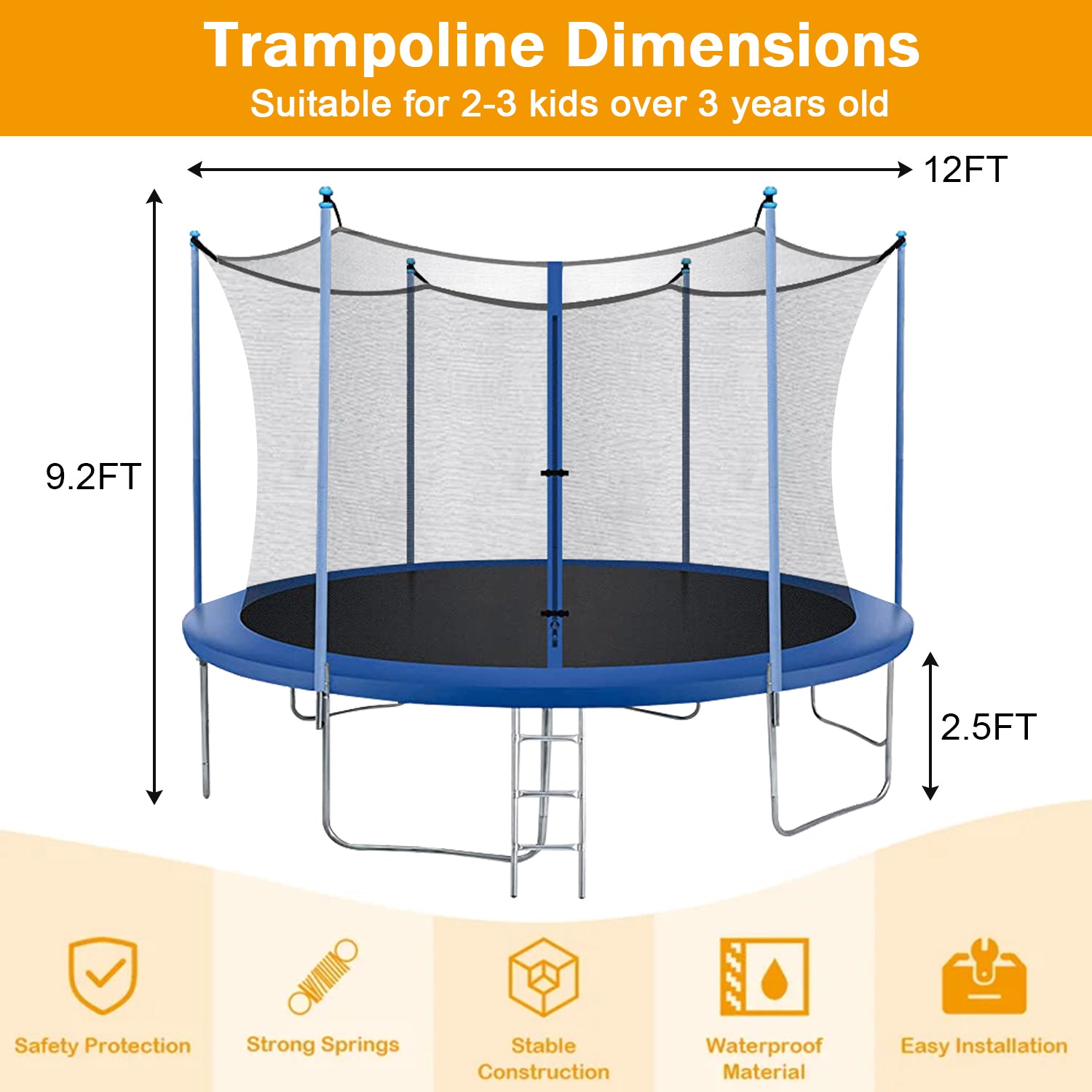 NiamVelo 12 ft Trampoline with Enclosure Net Outdoor Jump Rectangle Trampoline - ASTM Approved-Combo Bounce Exercise Trampoline PVC Spring Cover Padding for Kids and Adults， Blue