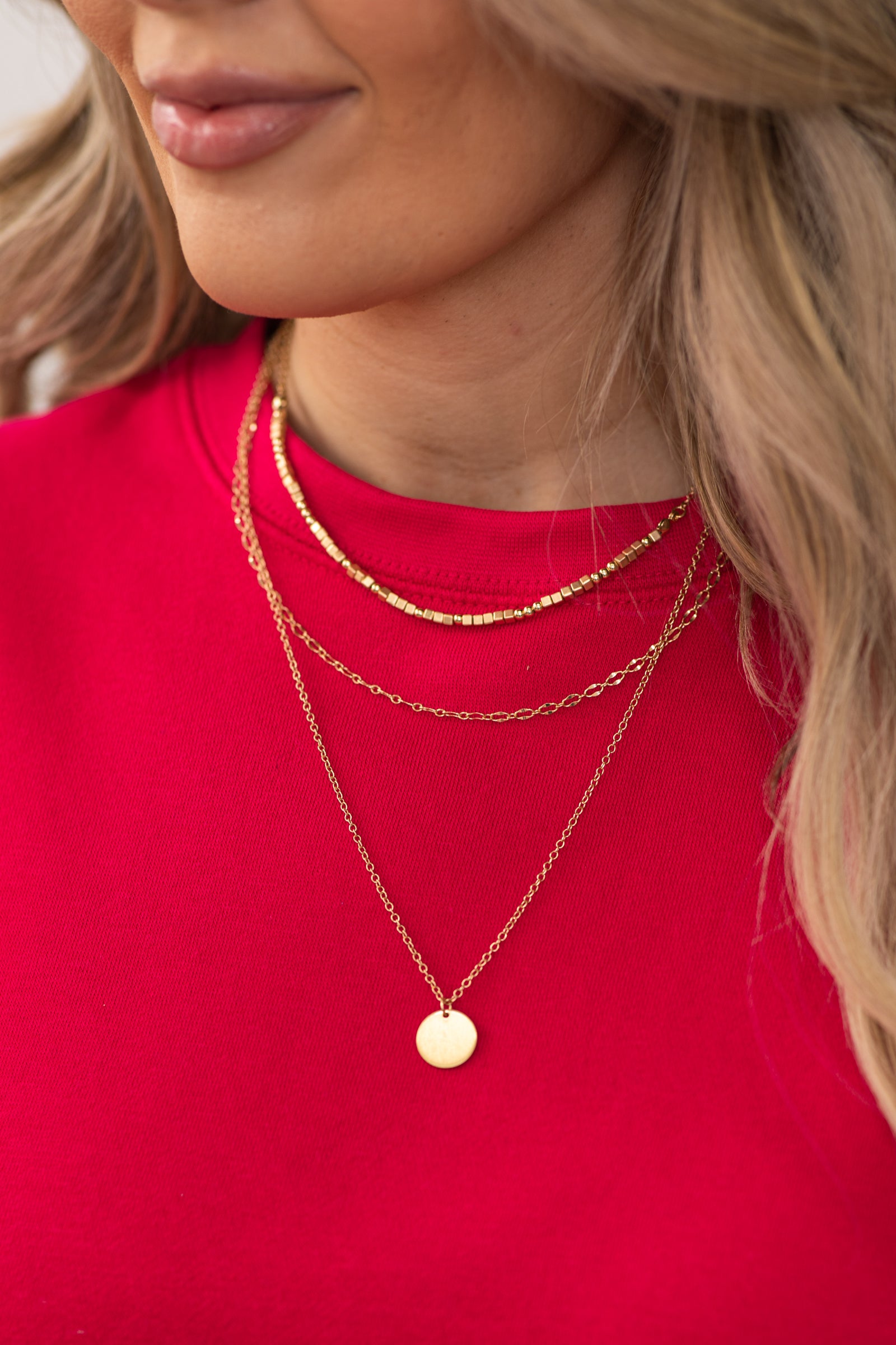 Gold Multi Chain Necklace With Disc Pendant