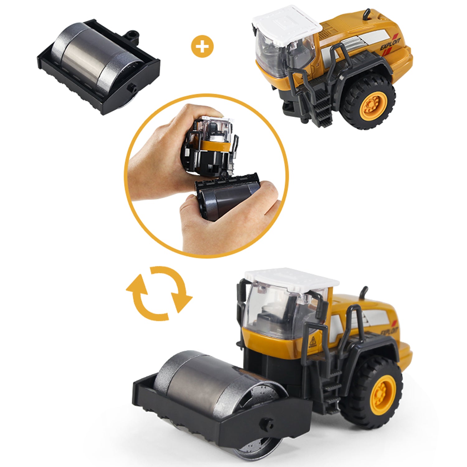 1:55 Construction Vehicle Toy Set Snow Plow Road Roller Forklift Bulldozer Toy for Kids， 4 Alloy Interchangeable Parts