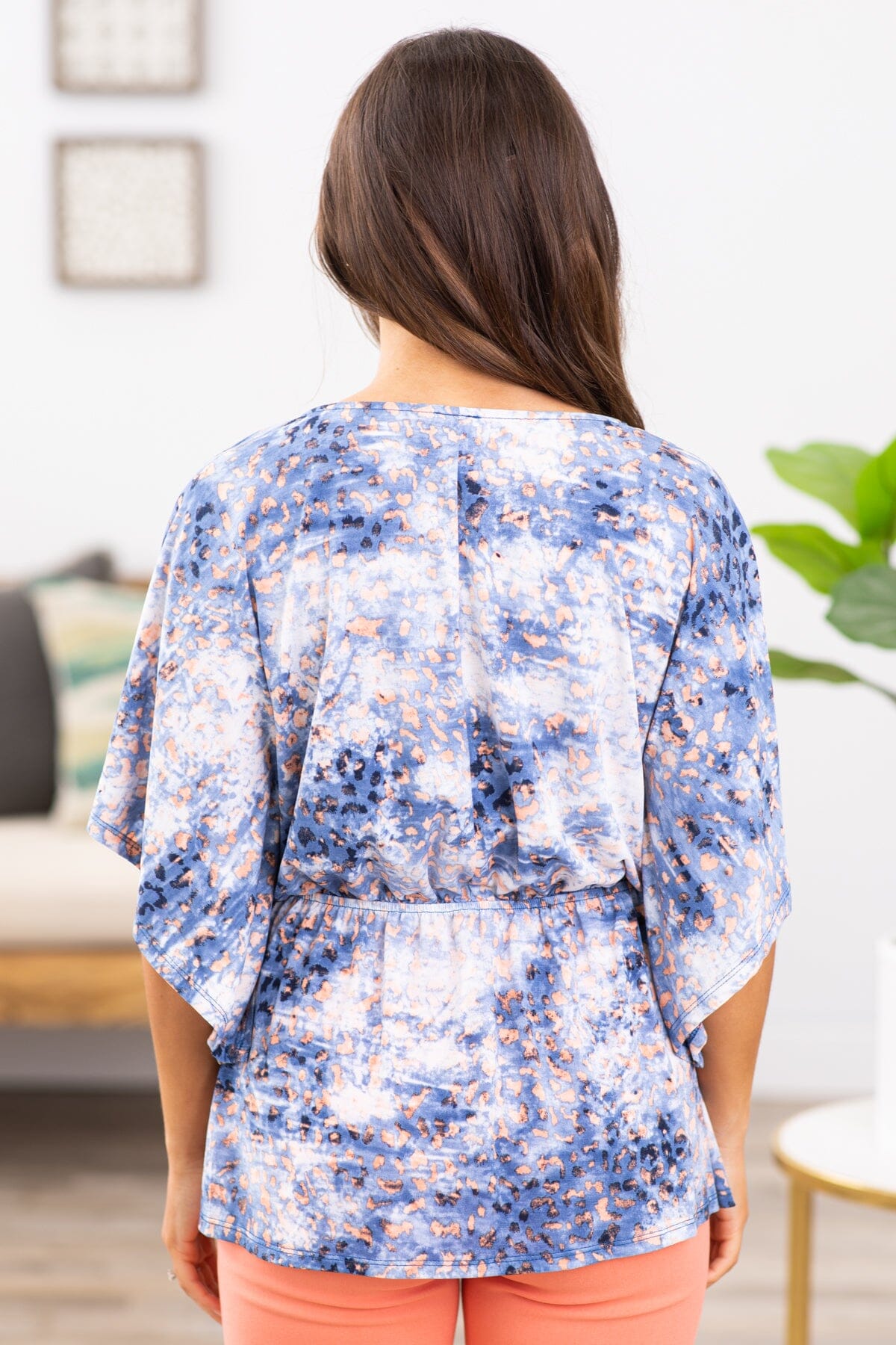 Dusty Blue and Peach Animal Print Peplum Top