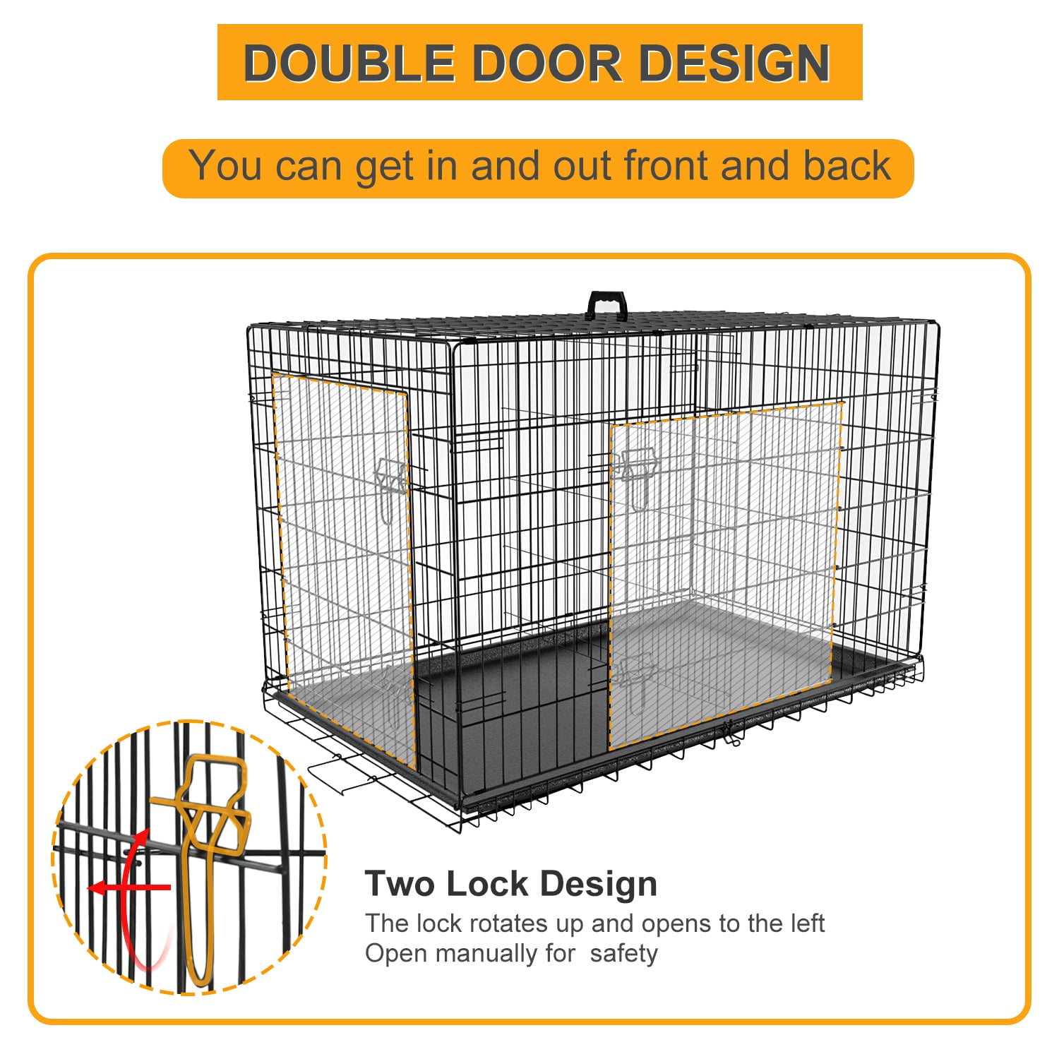 Large Dog Crate for Large Dogs，48 inch Dog Cage with Divider and Double Door for large Medium Small Dogs ，Indoor Outdoor Folding Wire Pet Dog Kennel with Tray and Handle，Black