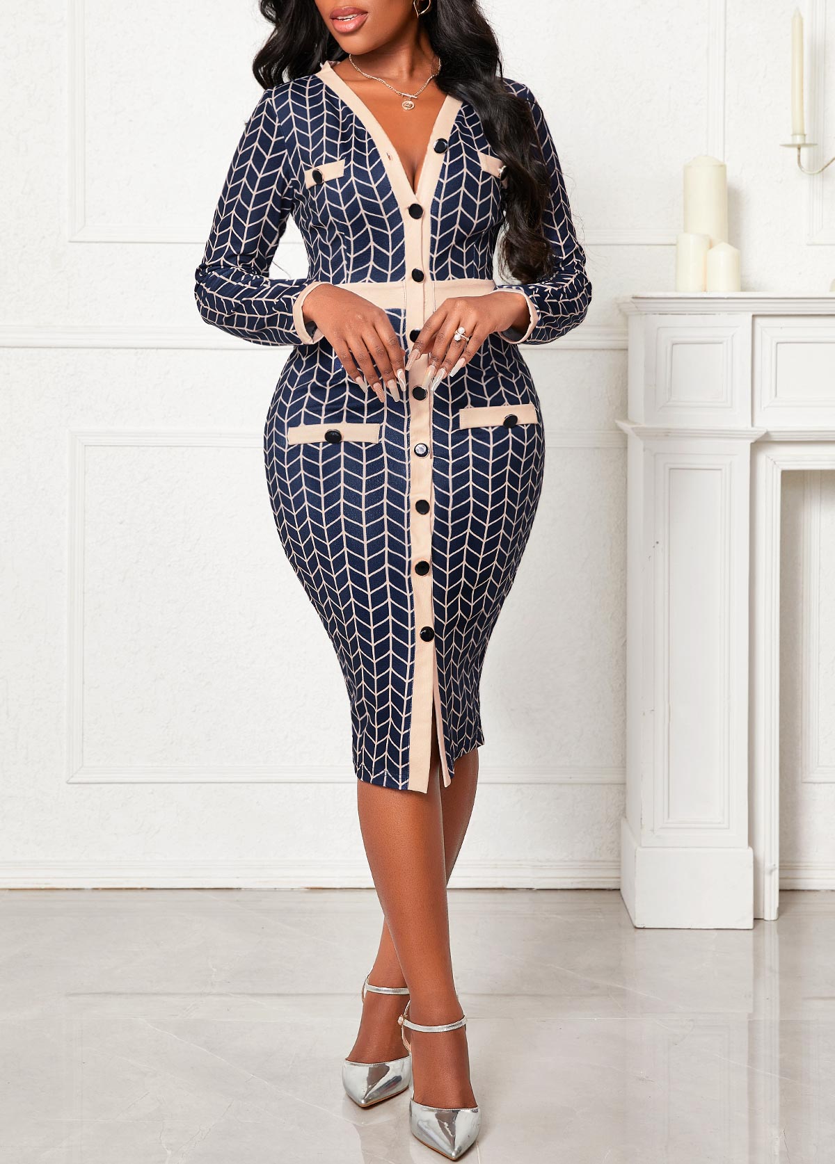 Long Sleeve Button Navy V Neck Bodycon Dress
