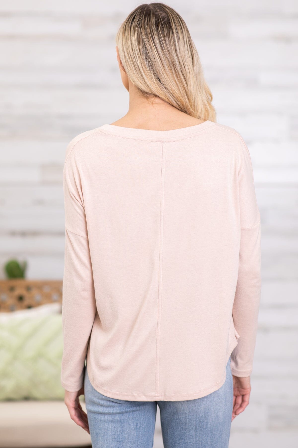 Beige V-Neck Long Sleeve Top