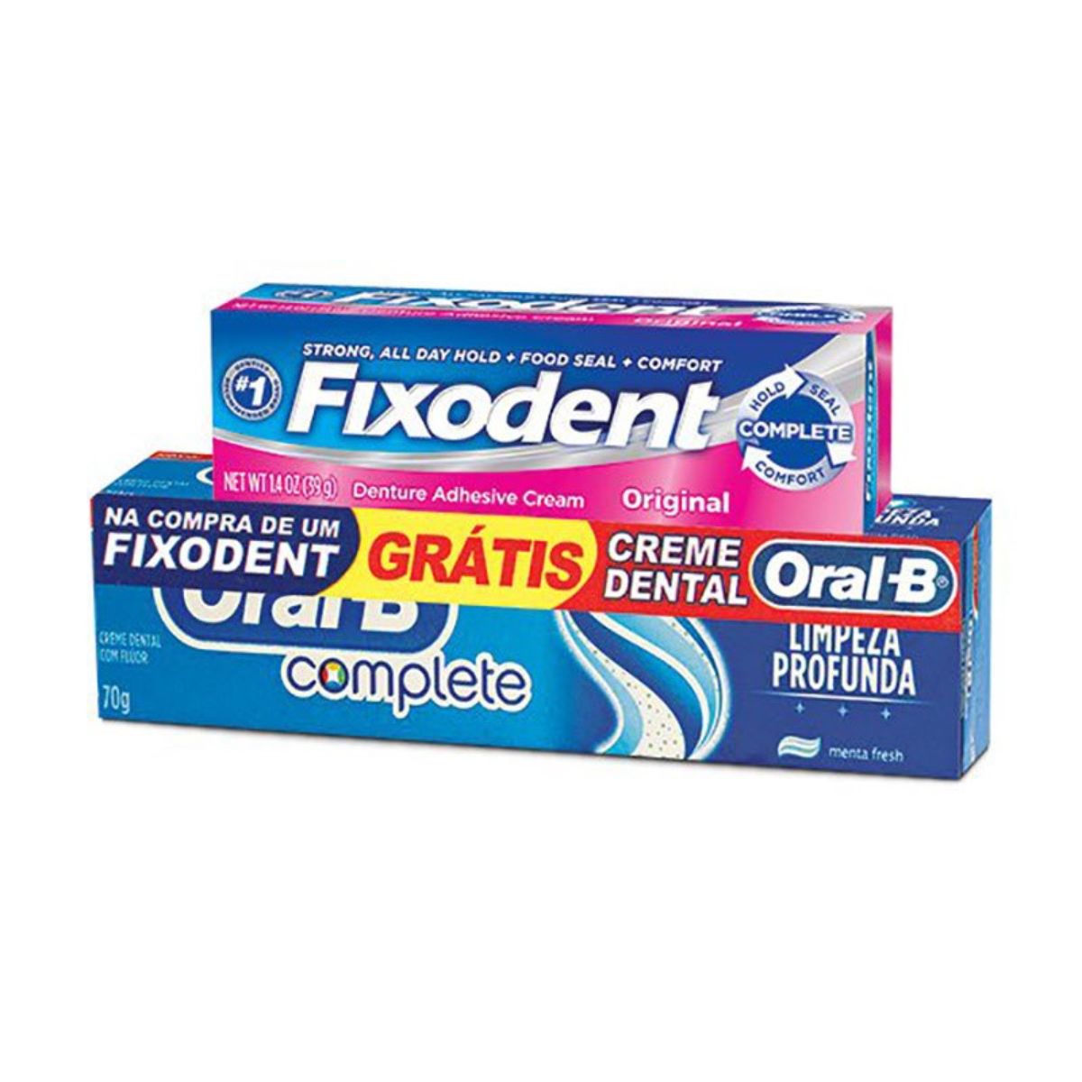 Kit Creme Fixador De Dentadura Fixodent Original Com 40g + Creme Dental Oral-B Gratis Com 70g