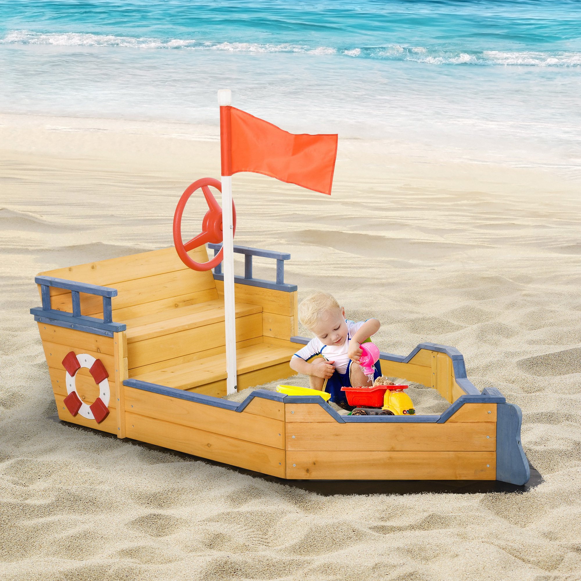 Wooden Sandbox Pirate Ship Sandboat w/ Bench Seat Storage Space Ceder Wood