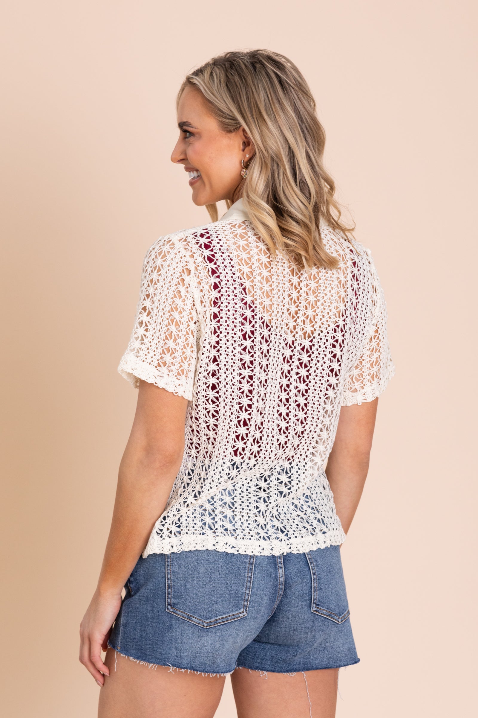 Button Up Crochet Front Pocket Woven Top