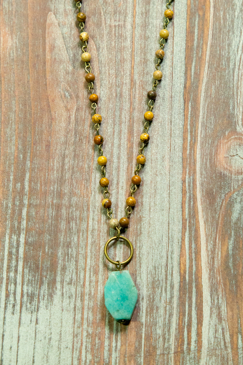 Tan Beaded Chain Turquoise Pendant Necklace
