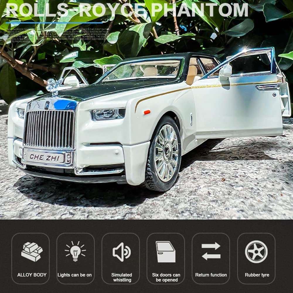 Cocobaby Upgrade Version -Exquisite car Model 1/24 Rolls-Royce Phantom Model Car，Zinc Alloy Pull Back Toy car with Sound and Light for Kids Boy Girl Gift. (White-Black)