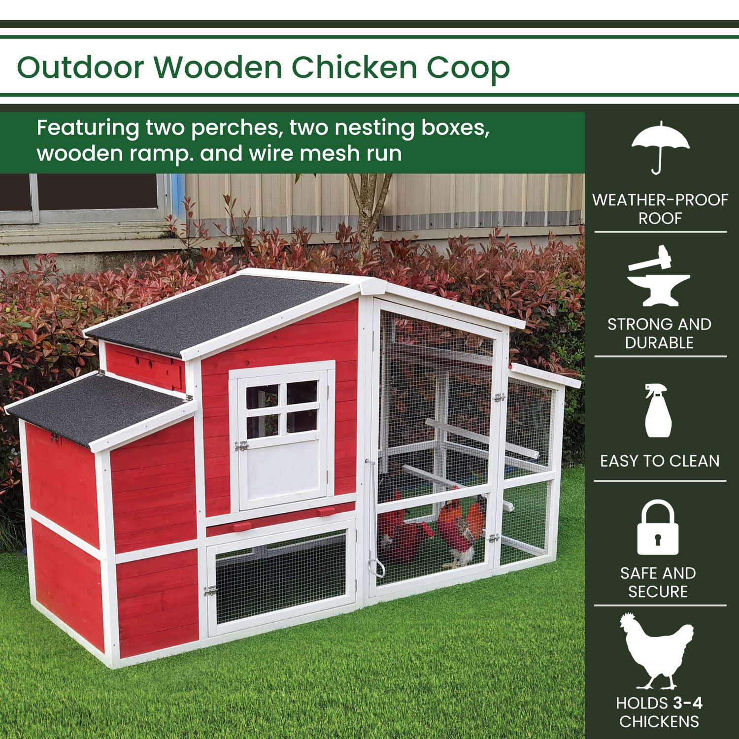 Hanover Outdoor Elevated Wooden Chicken Coop with Ramp， Wire Mesh Run， Waterproof Roof， Removable Tray， and External Door- HANCC0105-RED