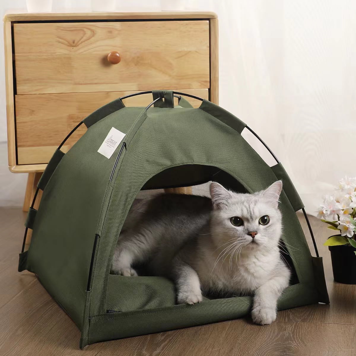 Cat Tent for Indoor Outdoor Cats， Kitten Bed，Cat Cave Bed，Warm Enclosed Covered Cat Tent，Outdoor Cave Bed House for Cats，Puppy or Small Pets(15.8'' x 15.8''  x 13.8''， Green)