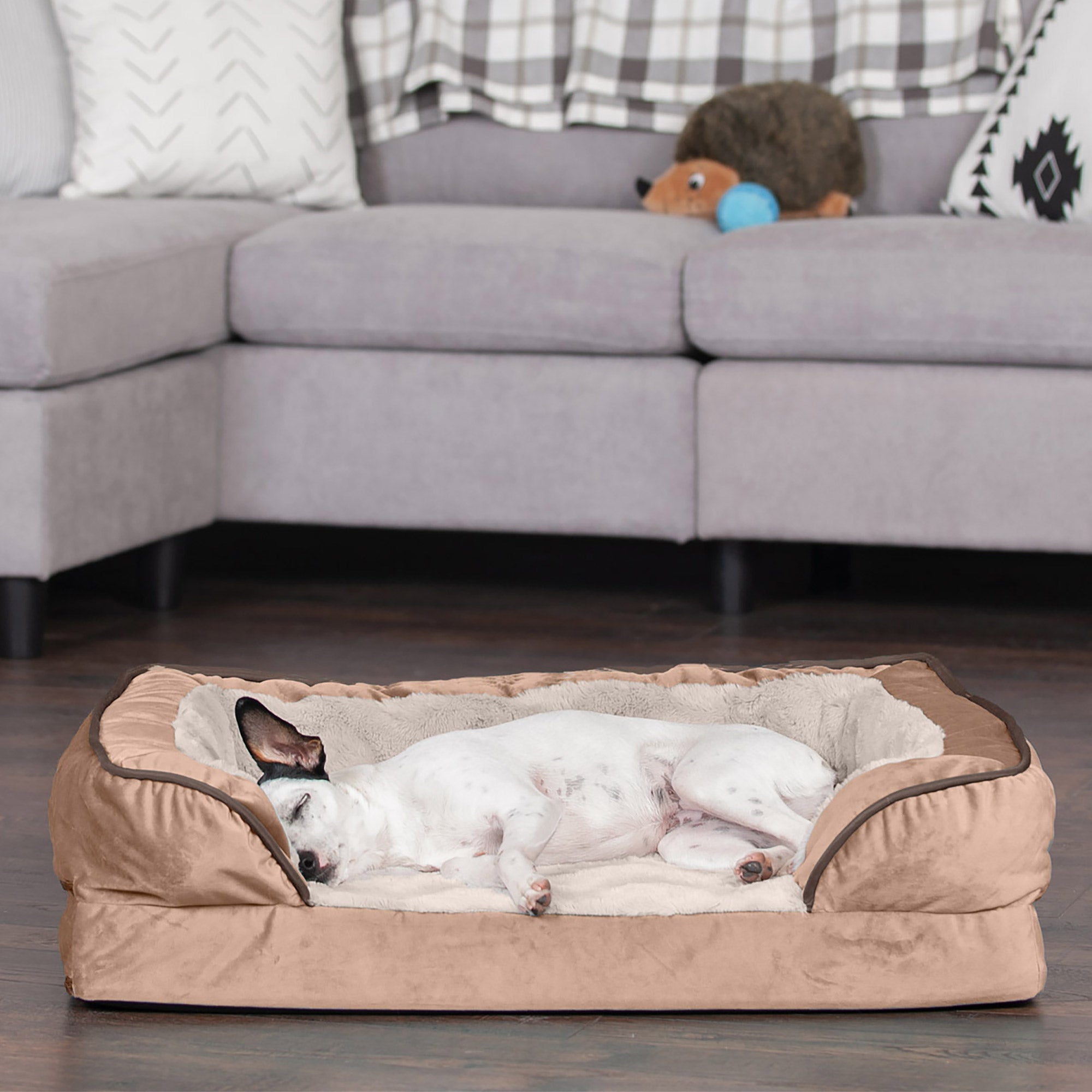 FurHaven Pet Products | Full Support Orthopedic Perfect Comfort Velvet Waves Sofa Pet Bed Dogs and Cats - Brownstone， Medium