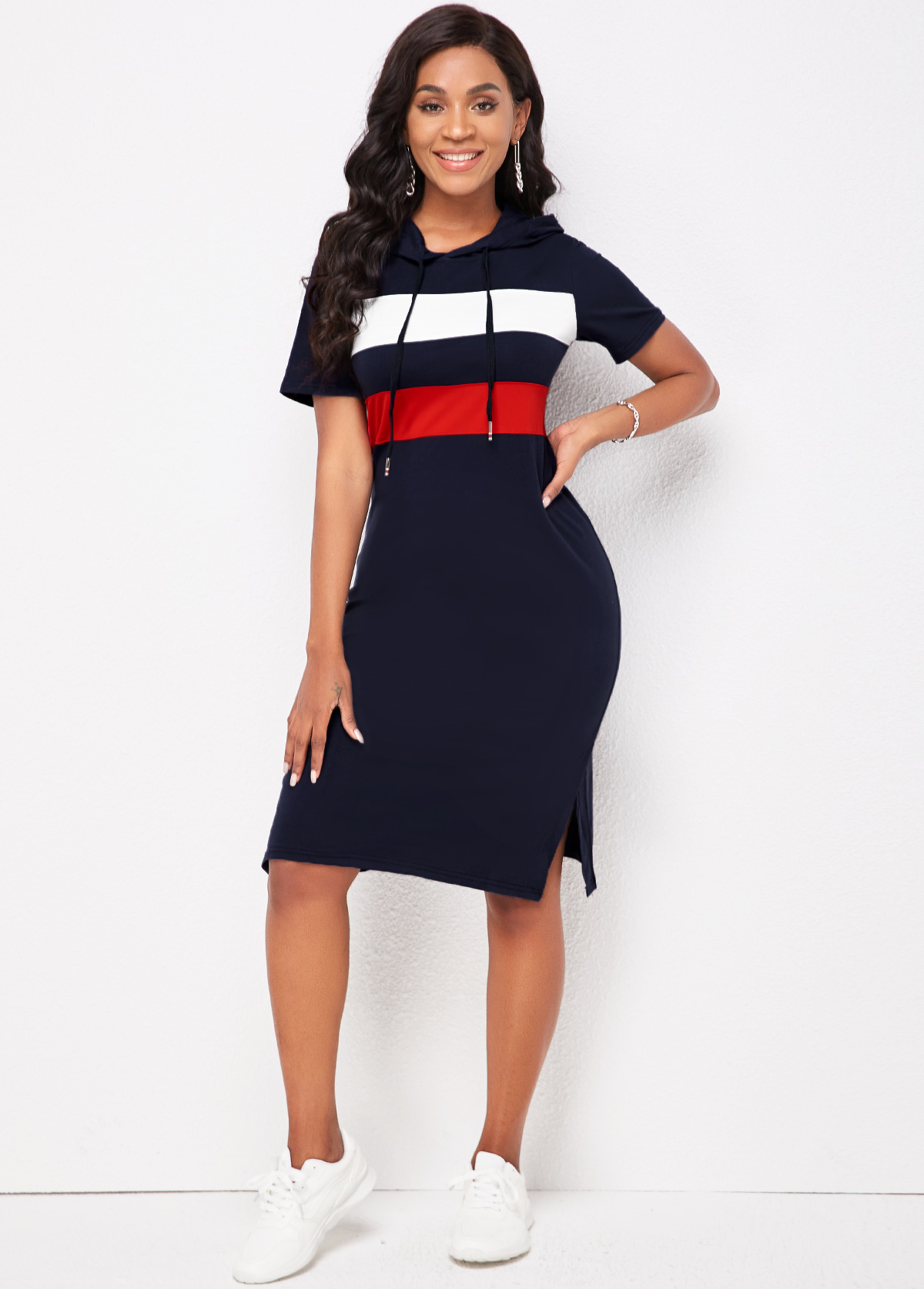 Short Sleeve Hooded Collar Striped Dress