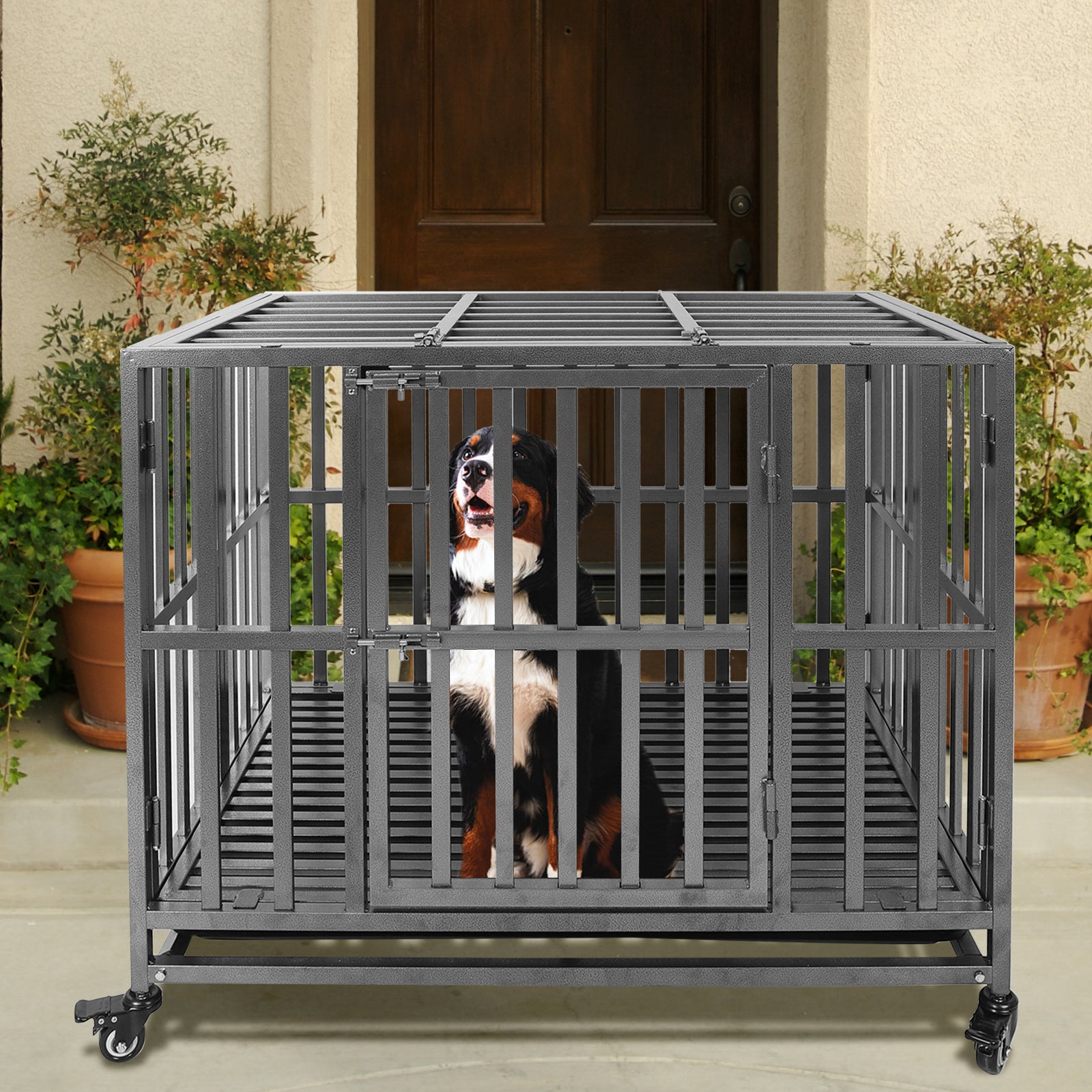 Confote 37Inch Heavy Duty Dog Kennel Strong Metal Dog Cage Pet Crate for Small and Medium Dogs with Four Lockable Wheels， Removeable Tray(Stretching Install)