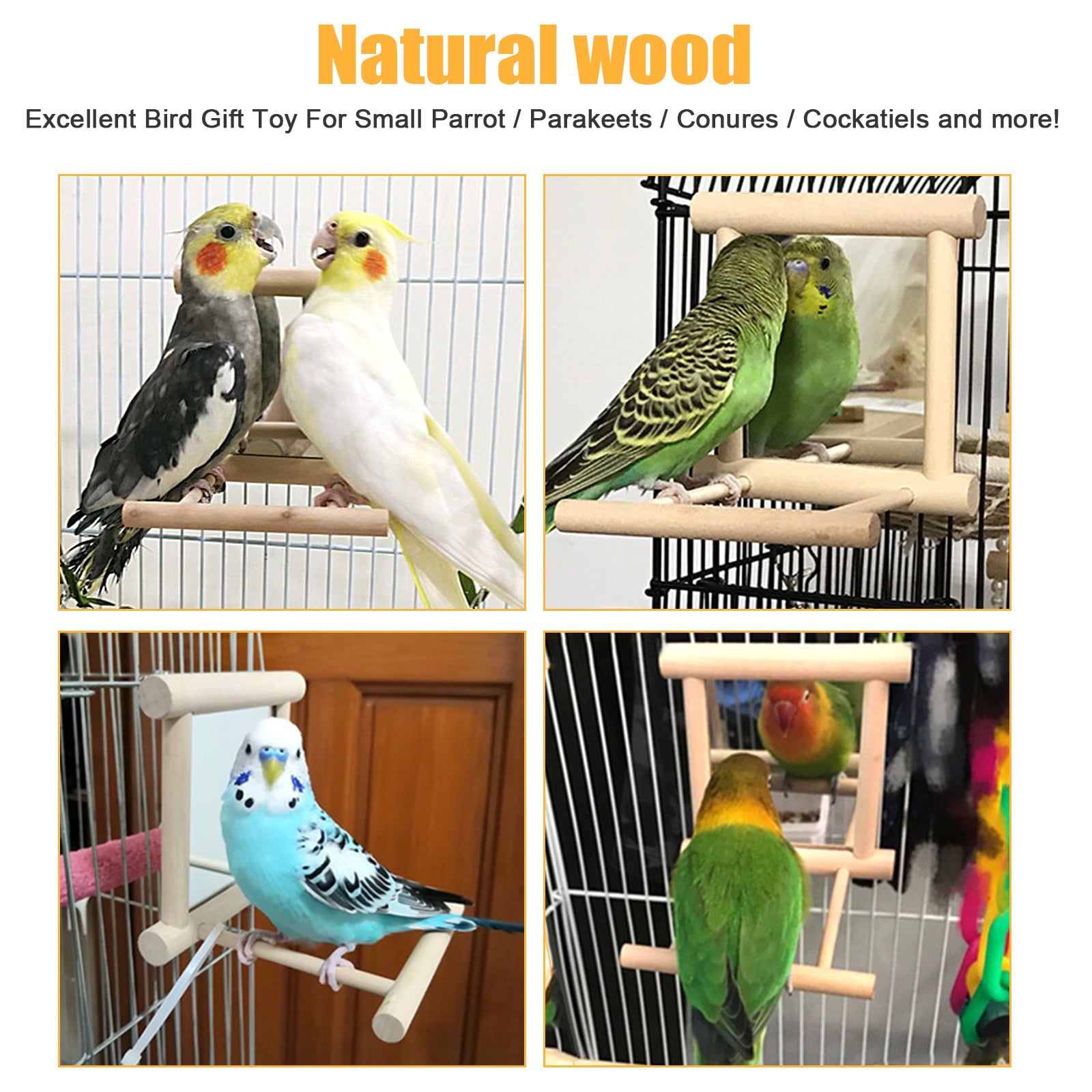Bird Swing Toy Bird Parrot Cage Swing Mirror Toy， TSV Bird Mirror Parakeet Parrot Cage Wooden Swing Toy Hummingbird Perch Stand for Pet Birds Parakeet Lovebird Canaries Macaw African Parrot