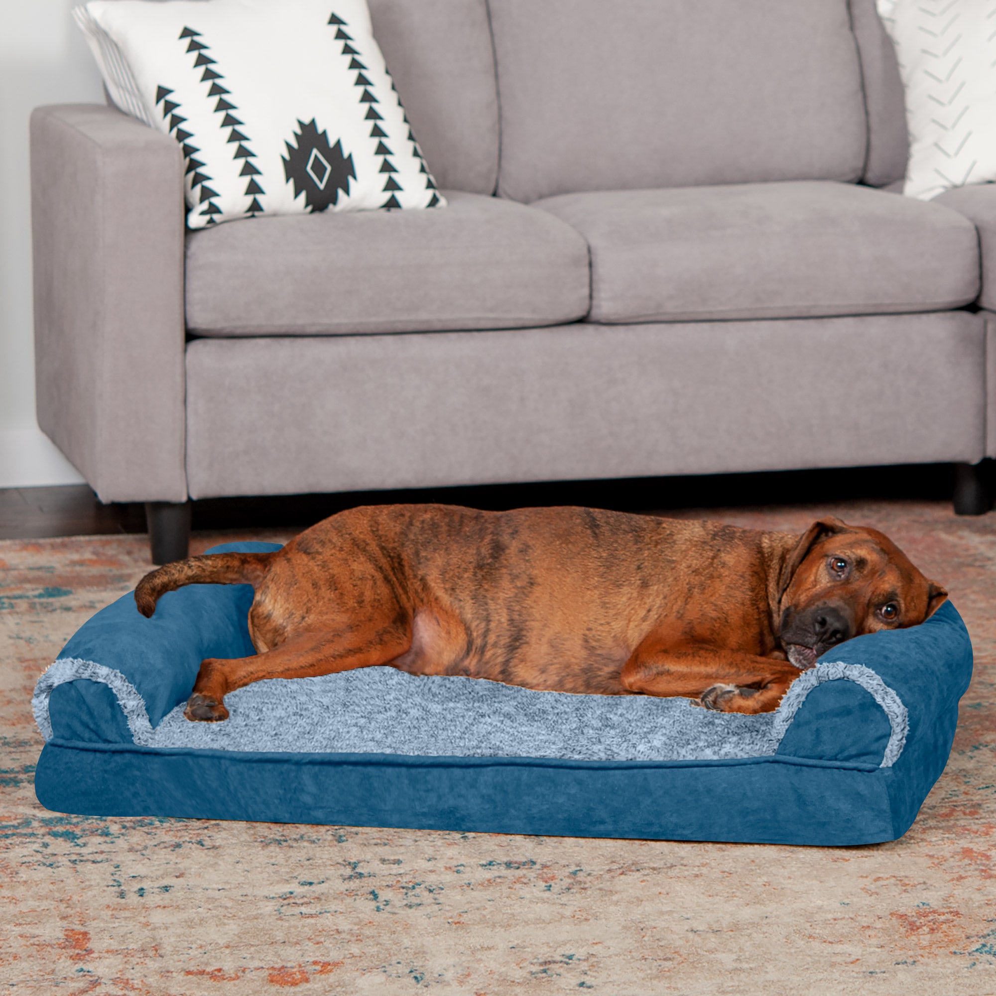 FurHaven Pet Products | Cooling Gel Memory Foam Orthopedic Two-Tone Faux Fur and Suede Sofa-Style Couch Pet Bed for Dogs and Cats， Marine Blue， Large