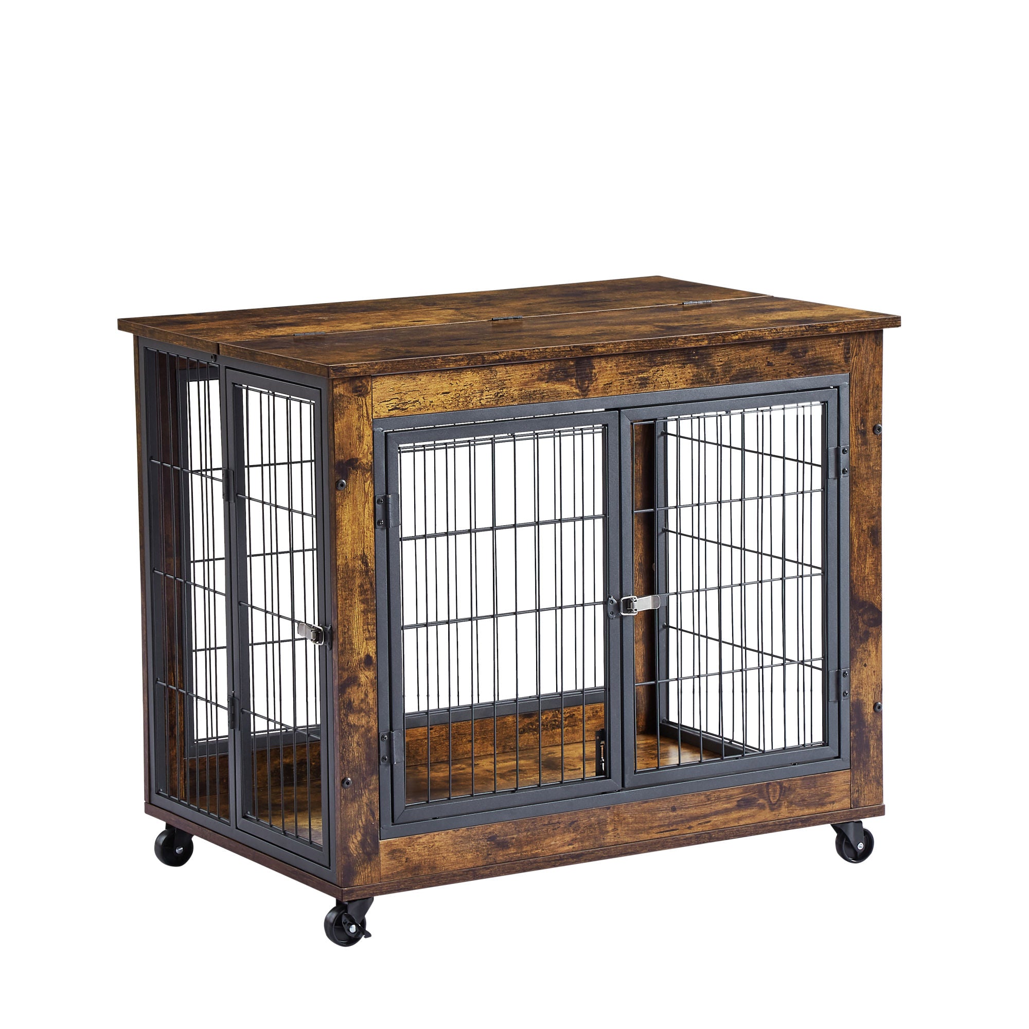 Furniture Dog Cage Crate with Double Doors on Casters(Rustic Brown; 31.50''W*22.05''D*24.8''H)