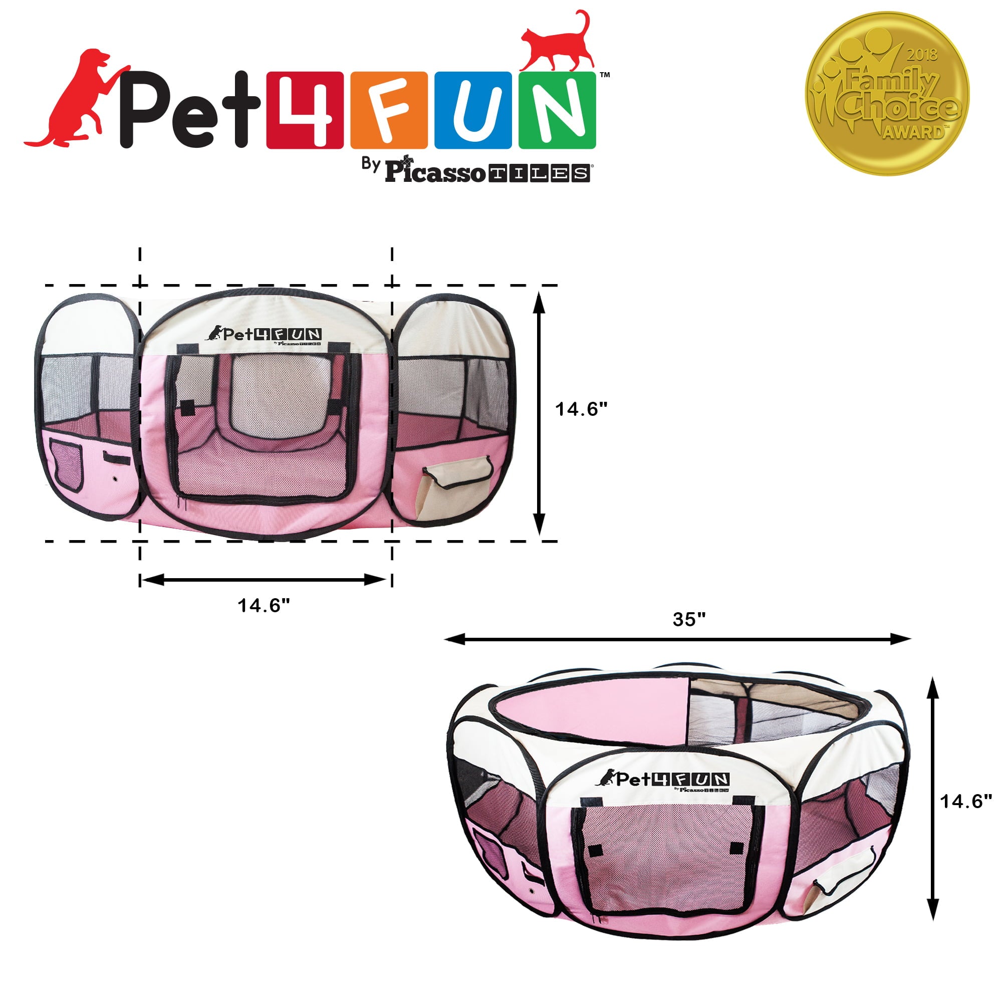 PicassoTiles Pet4Fun Portable Dog Playpen， Pink， 35
