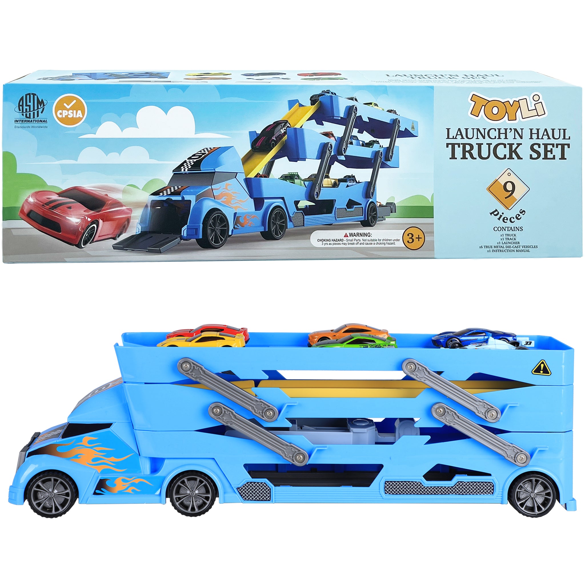TOYLI Vehicle Playset Toy Car Hauler Carrier Truck with Track， Launcher， 6 Metal Die-Cast Vehicles， for Boys Girls Toddlers