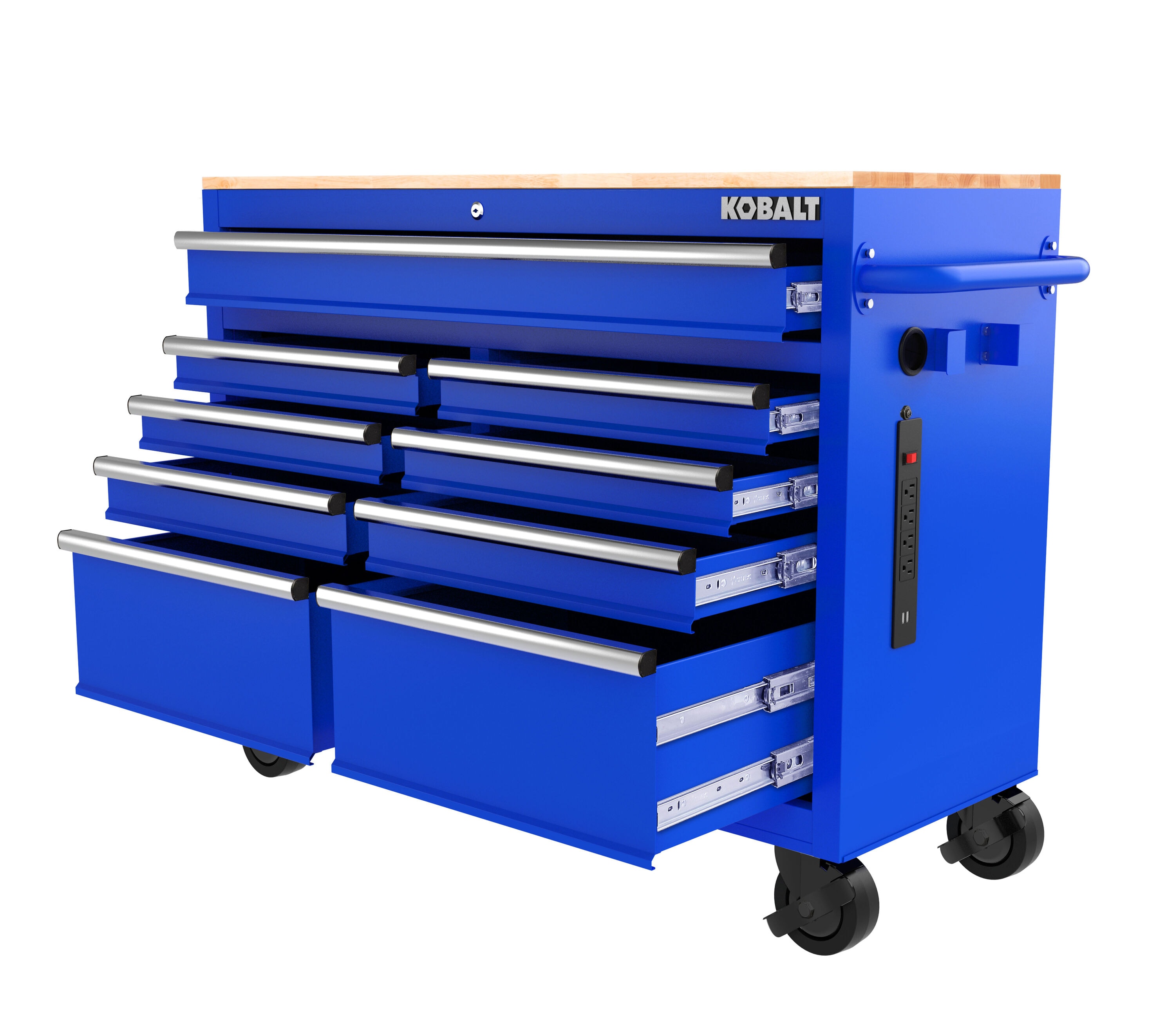 Bancada de trabalho Kobalt com 9 gavetas, 117 cm de comprimento x 94,5 cm de altura, em madeira preta/azul, com rodízios.