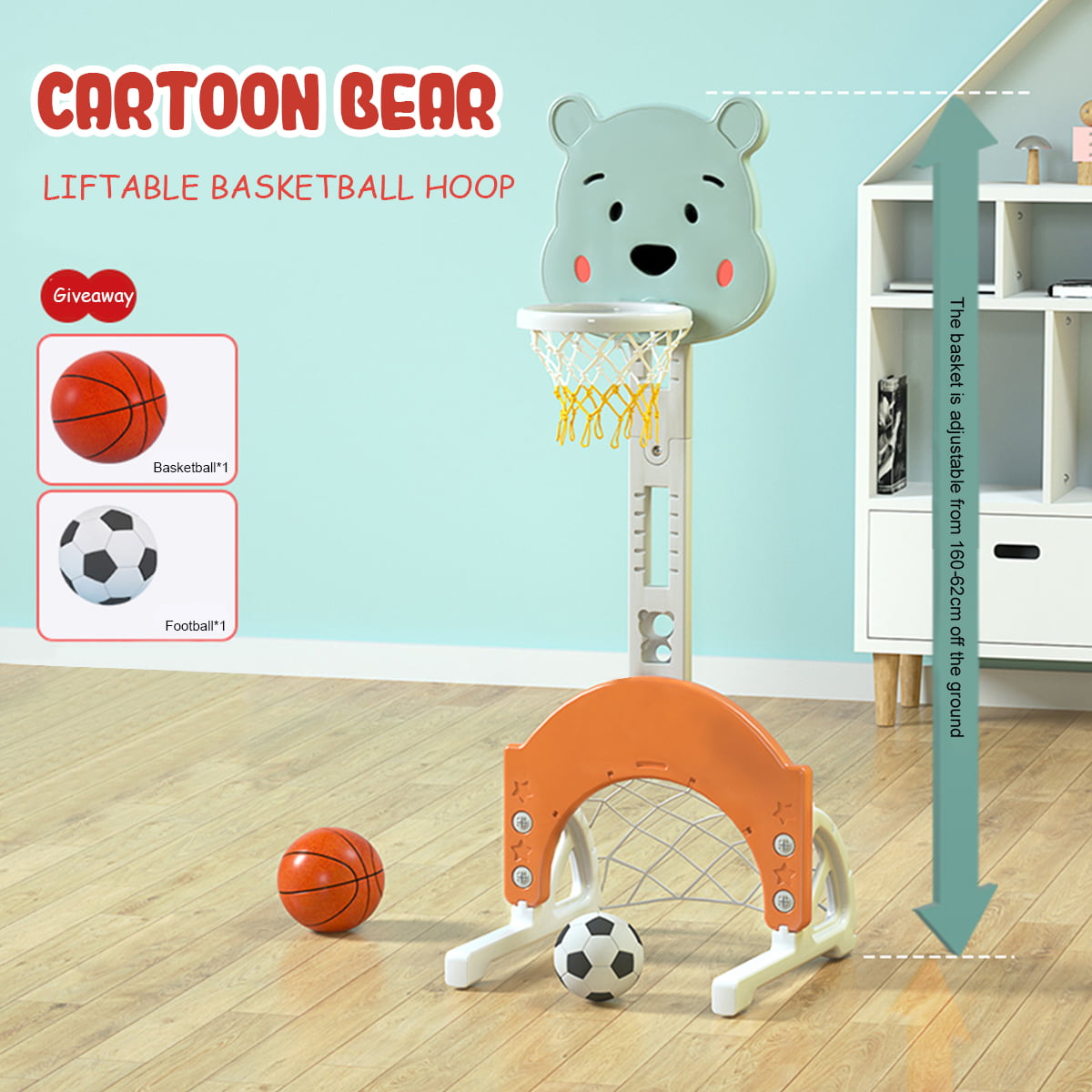 Kids Basketball Hoop， 2-in-1 Basketball Hoop for Toddlers， Adjustable Basketball Stand Set with Basketball /Football