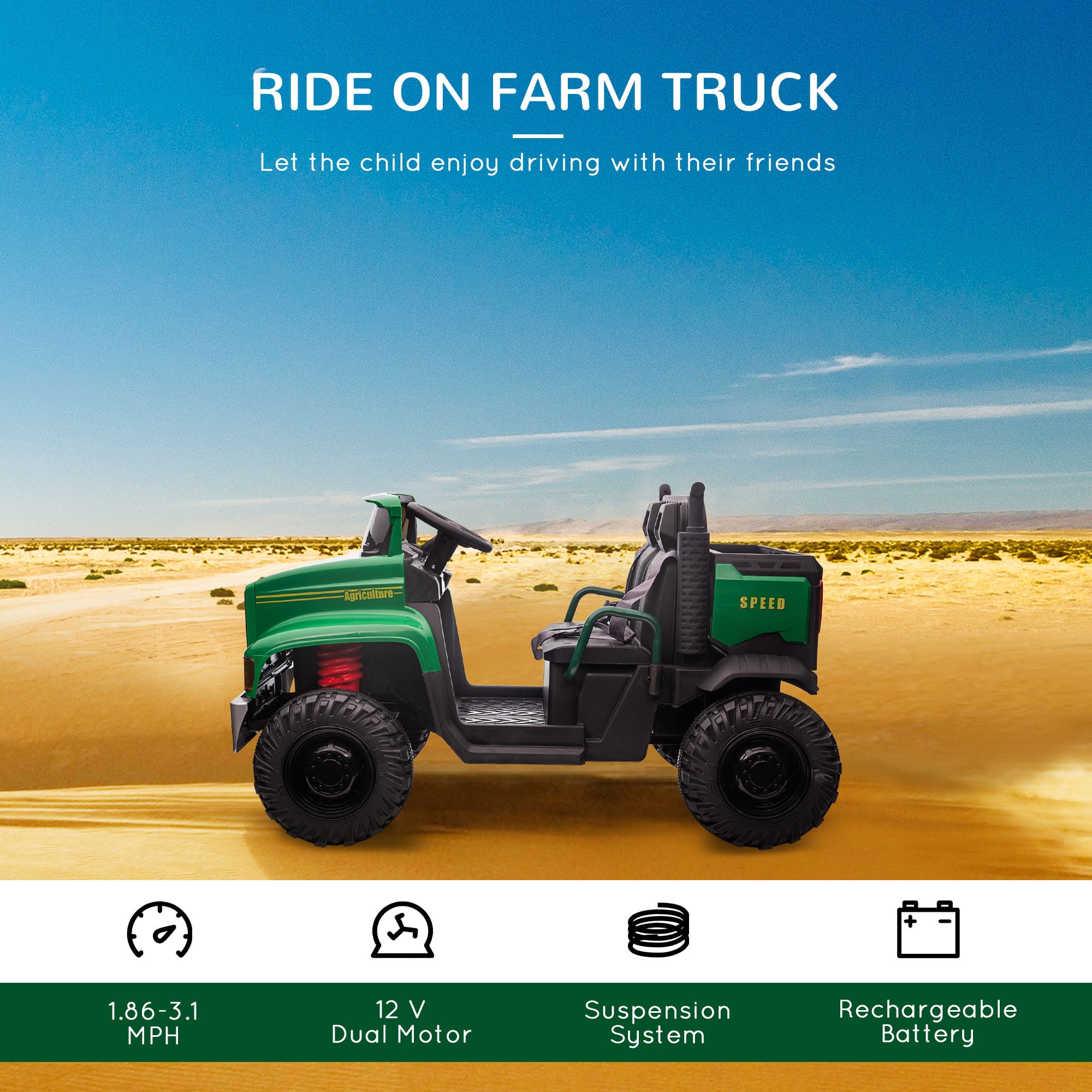 Aosom Ride-on Tractor 2-Seater Battery-Powered Car for Kids with Large High-Traction Wheels， 12V Truck Ride-on Toy with Rear Storage， Outdoor Toy， Green