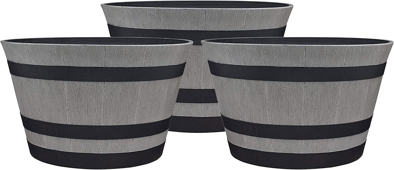 Southern Patio HDR-055457 Resin Whiskey Barrel Indoor Outdoor Garden Planter Pot for Vegetables, Trees, Plants, and Flowers, Gray 3 Pack