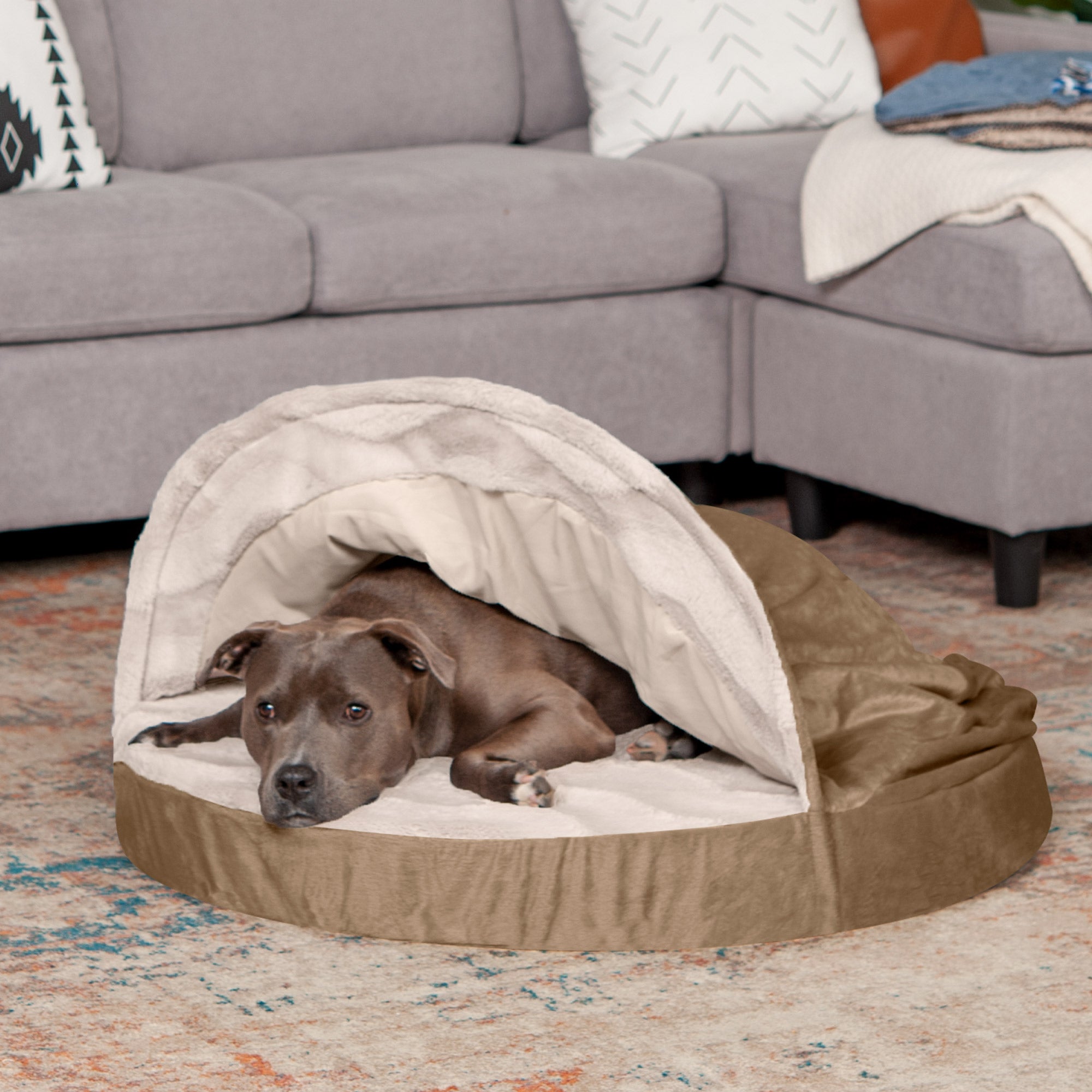 FurHaven Pet Dog Bed | Orthopedic Wave Fur and Velvet Snuggery Burrow Pet Bed for Dogs and Cats， Brownstone， 35