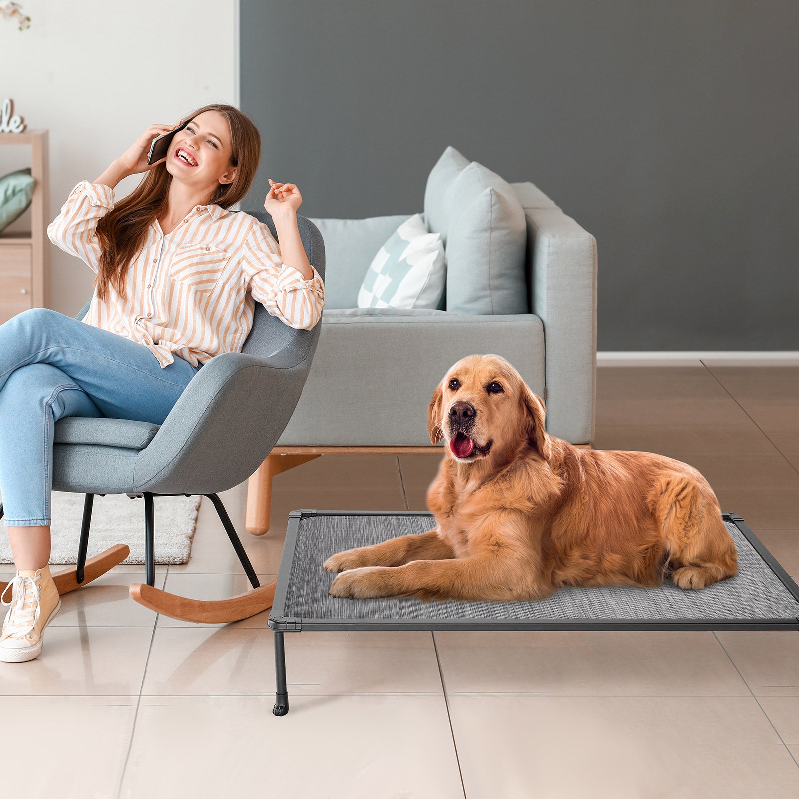 Veehoo Chewproof Dog Bed， Cooling Raised Dog Cots with Black Metal Frame， Large， Black Silver