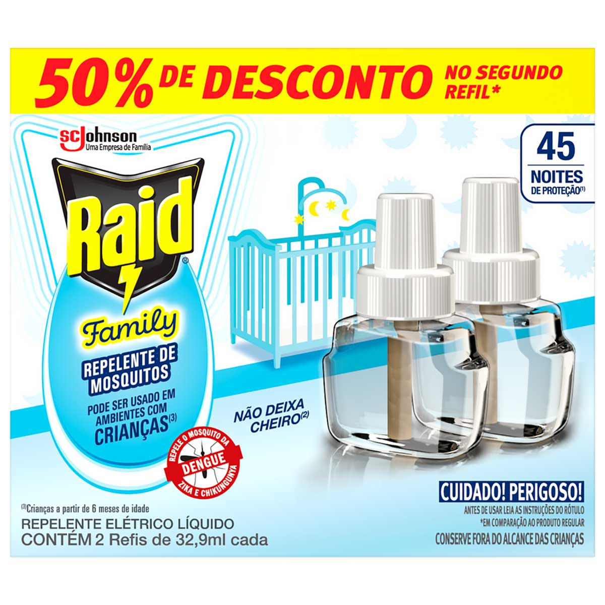 Repelente Liquido Eletrico 45 Noites Raid Family Caixa 2 Unidades 32,9ml Cada Gratis 50% de Desconto no Segundo Refil