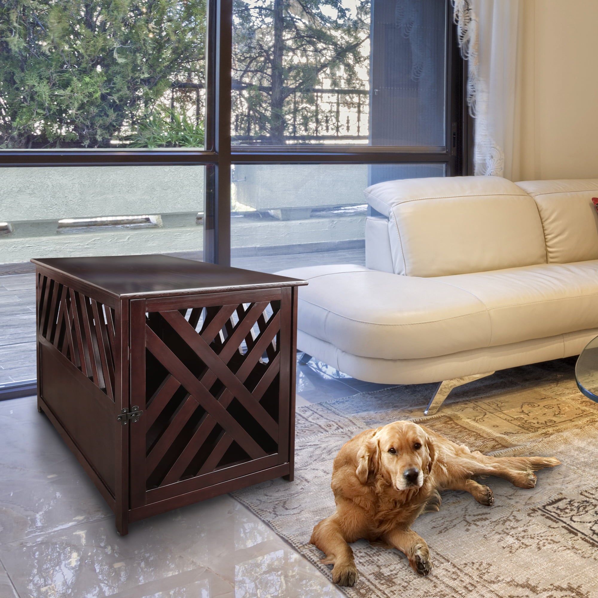 Casual Home Modern Lattice Wooden Pet Crate End Table， Espresso， Medium， 33