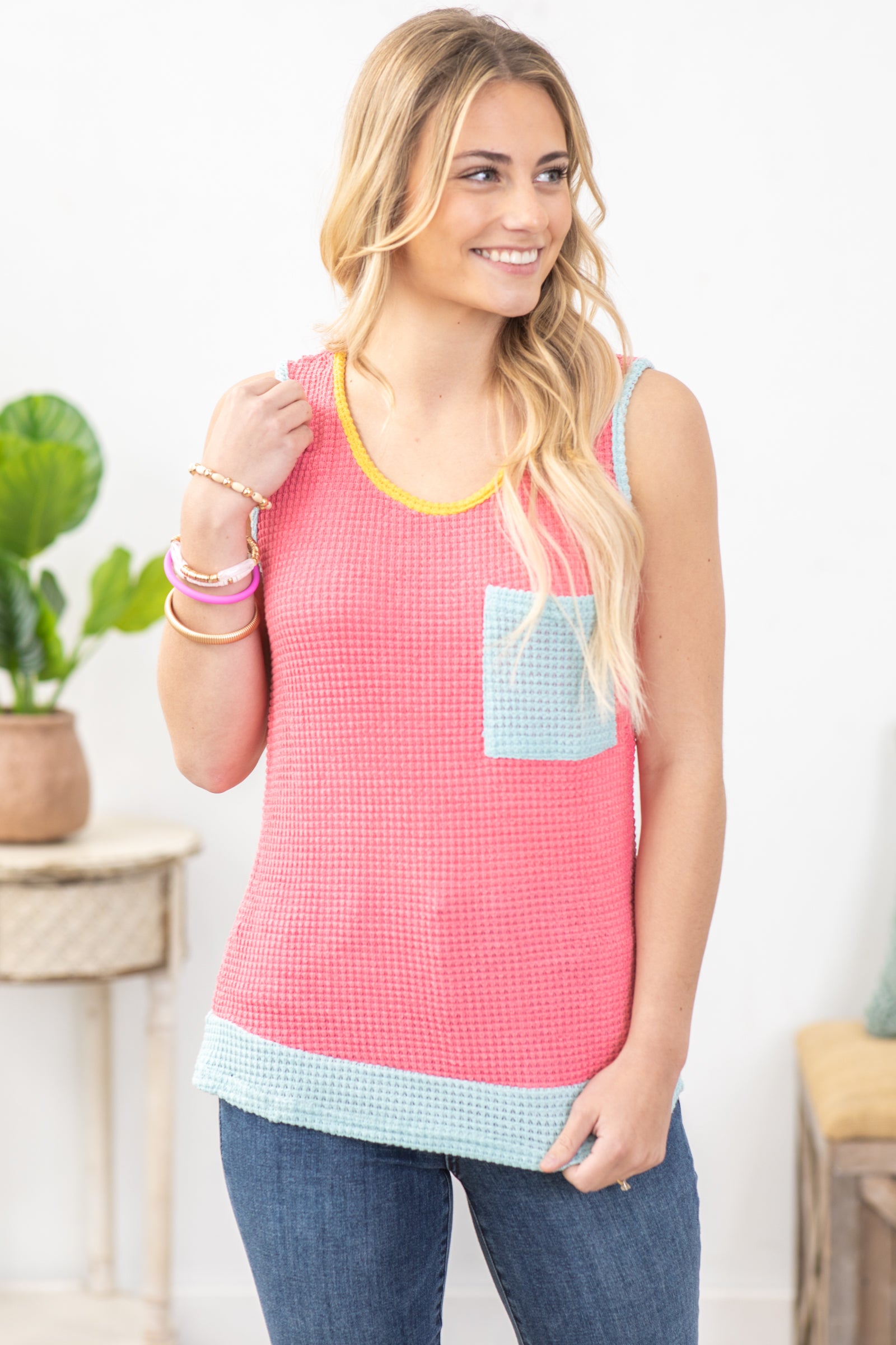 Pink And Light Blue Waffle Knit Top